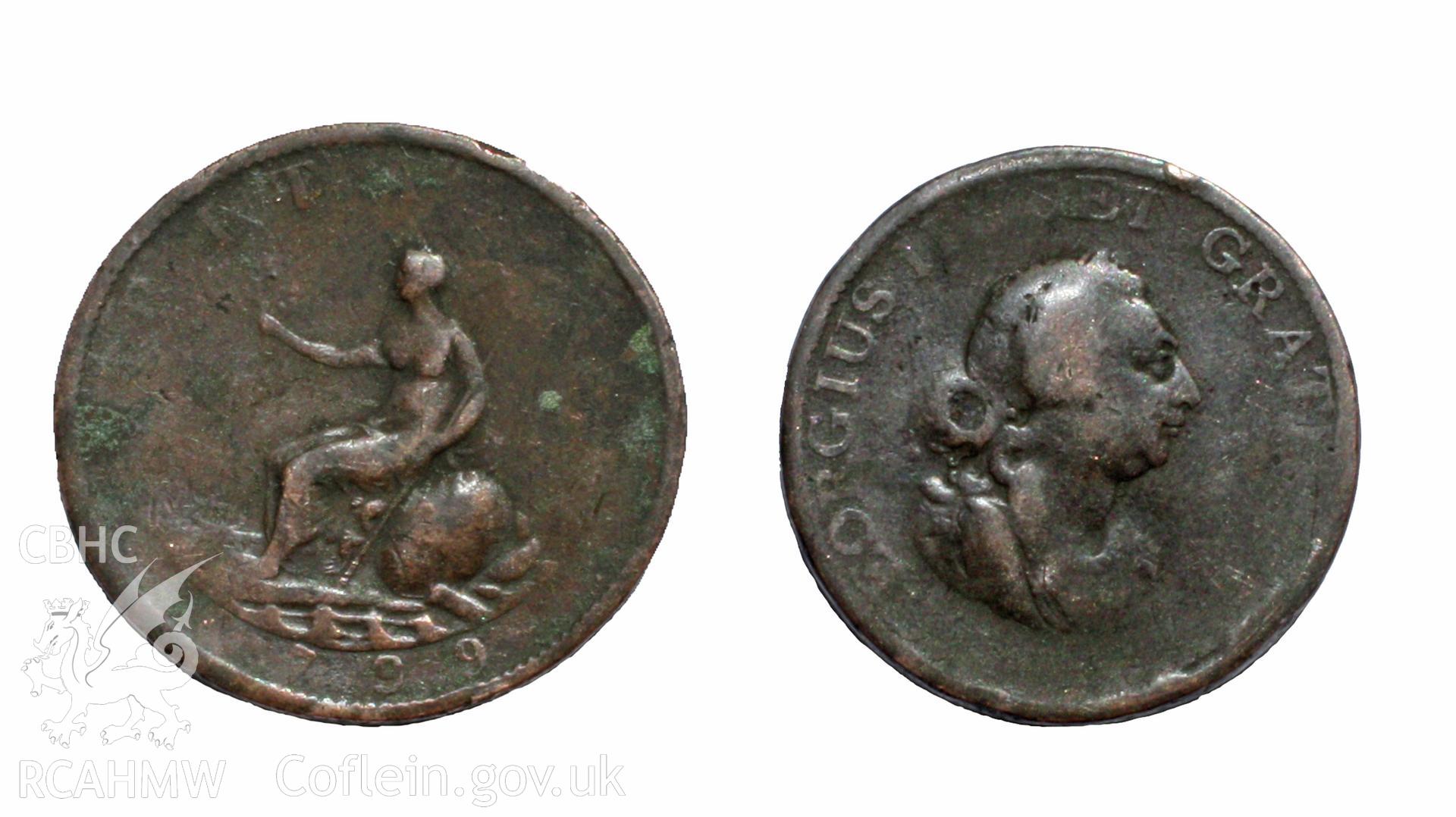 Copper halfpenny found on first floor rear bedroom floor joist, dated 1799 with Britannia and George III (1760-1820) on faces. Obverse: GEORGIUS III  DEI GRATIA REX. Reverse: BRITANNIA, 1799