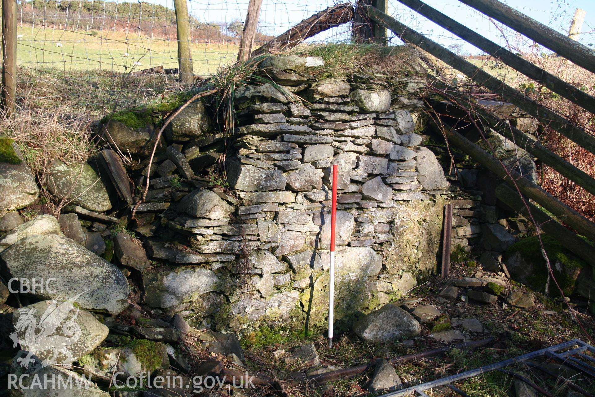 Upstanding remains of north wall of house; 1m scale.