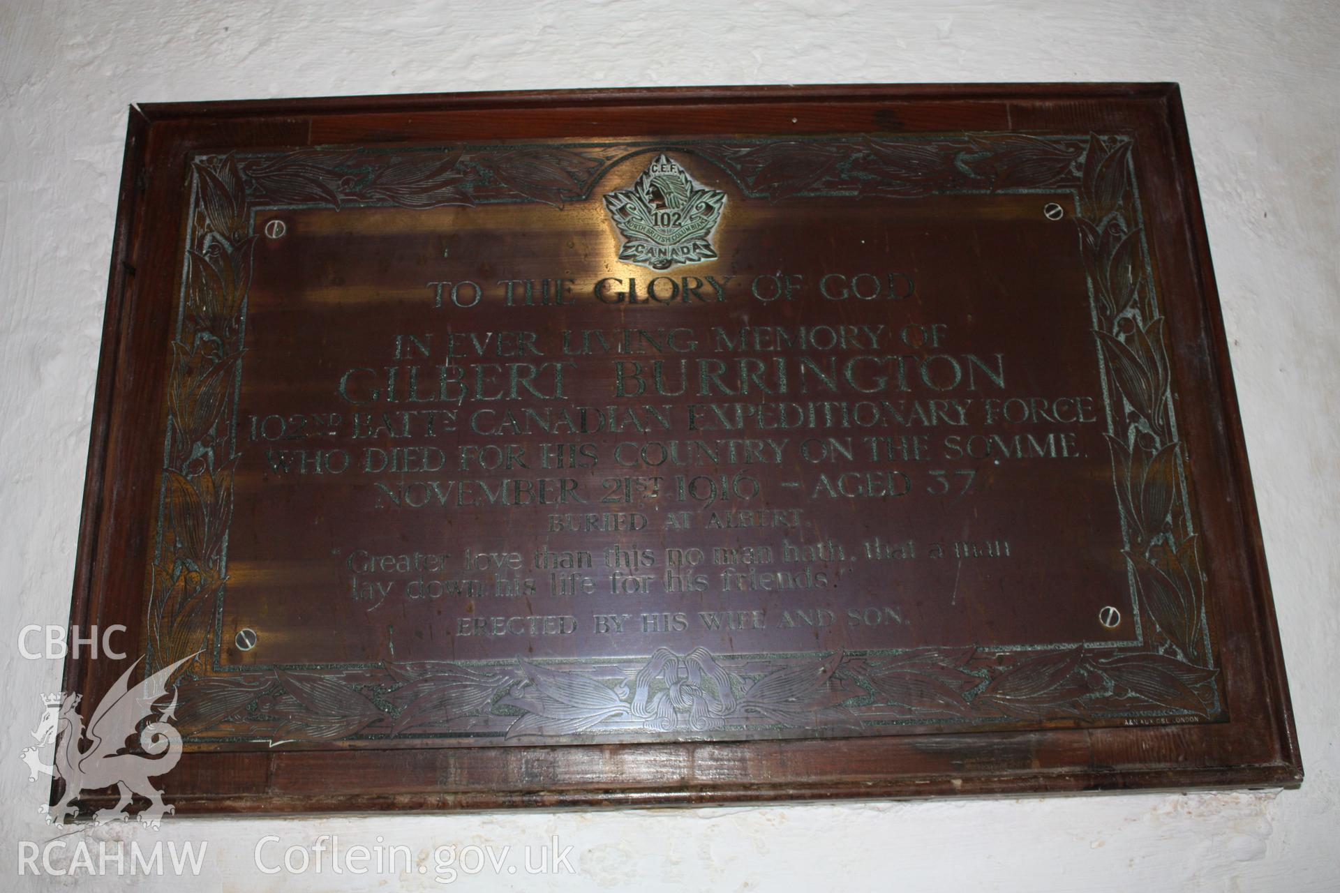 Memorial tablet to Gilbert Burrington killed at the Somme 21 November 1916 on south wall