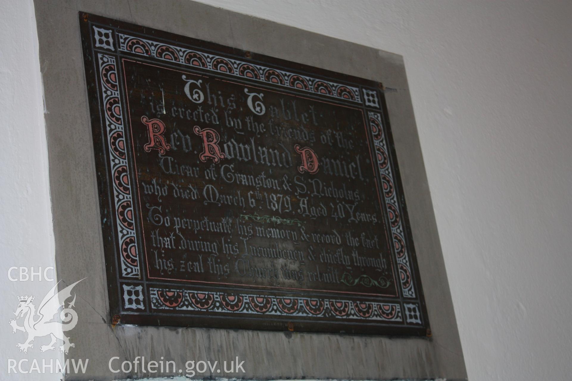 Memorial tablet for the Rev Rowland Daniel who oversaw the rebuilding of the church but died 6 March 1879 aged only 40 years