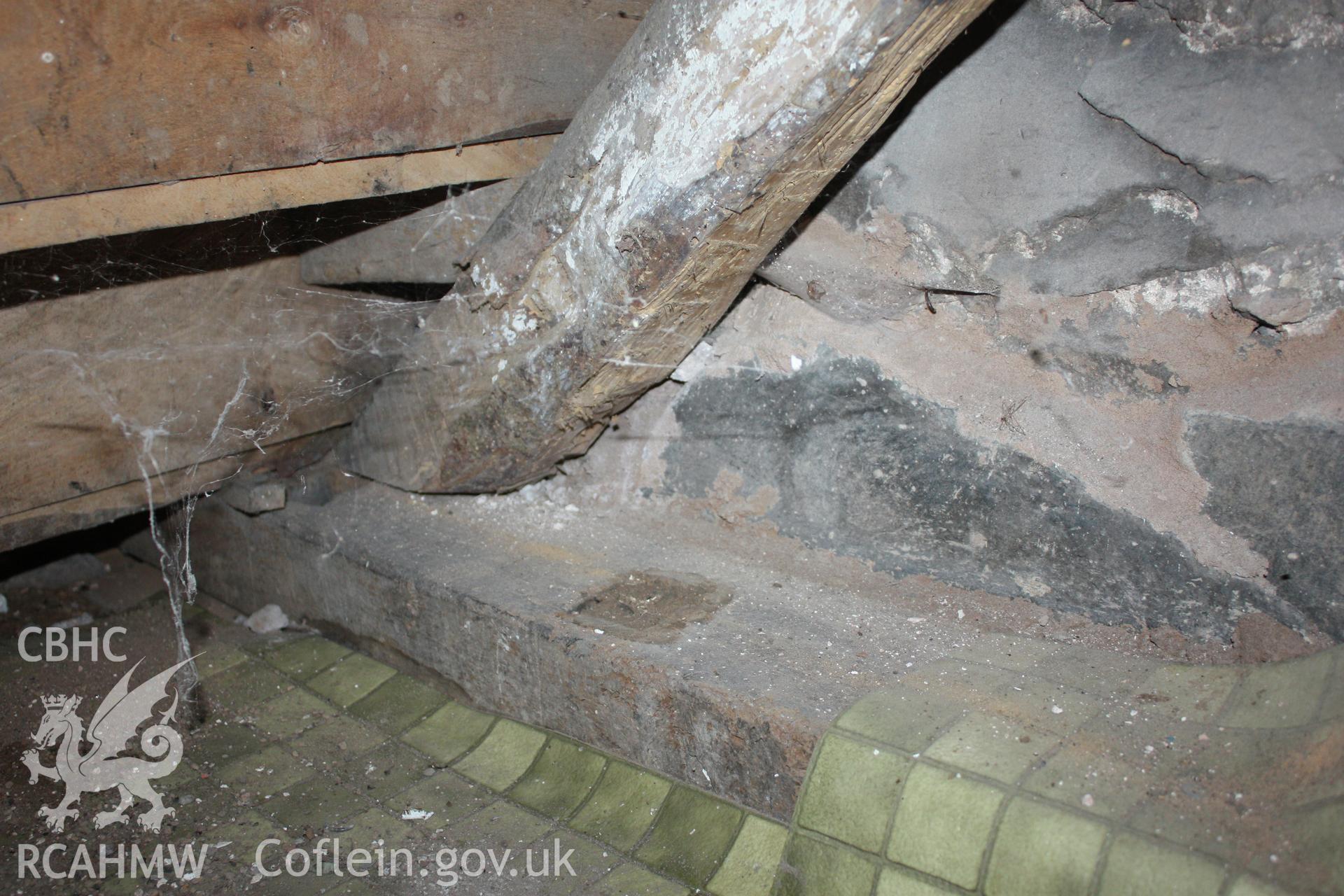 Internal; Underside of stair, showing reuse of timber; possibly reused stringer.