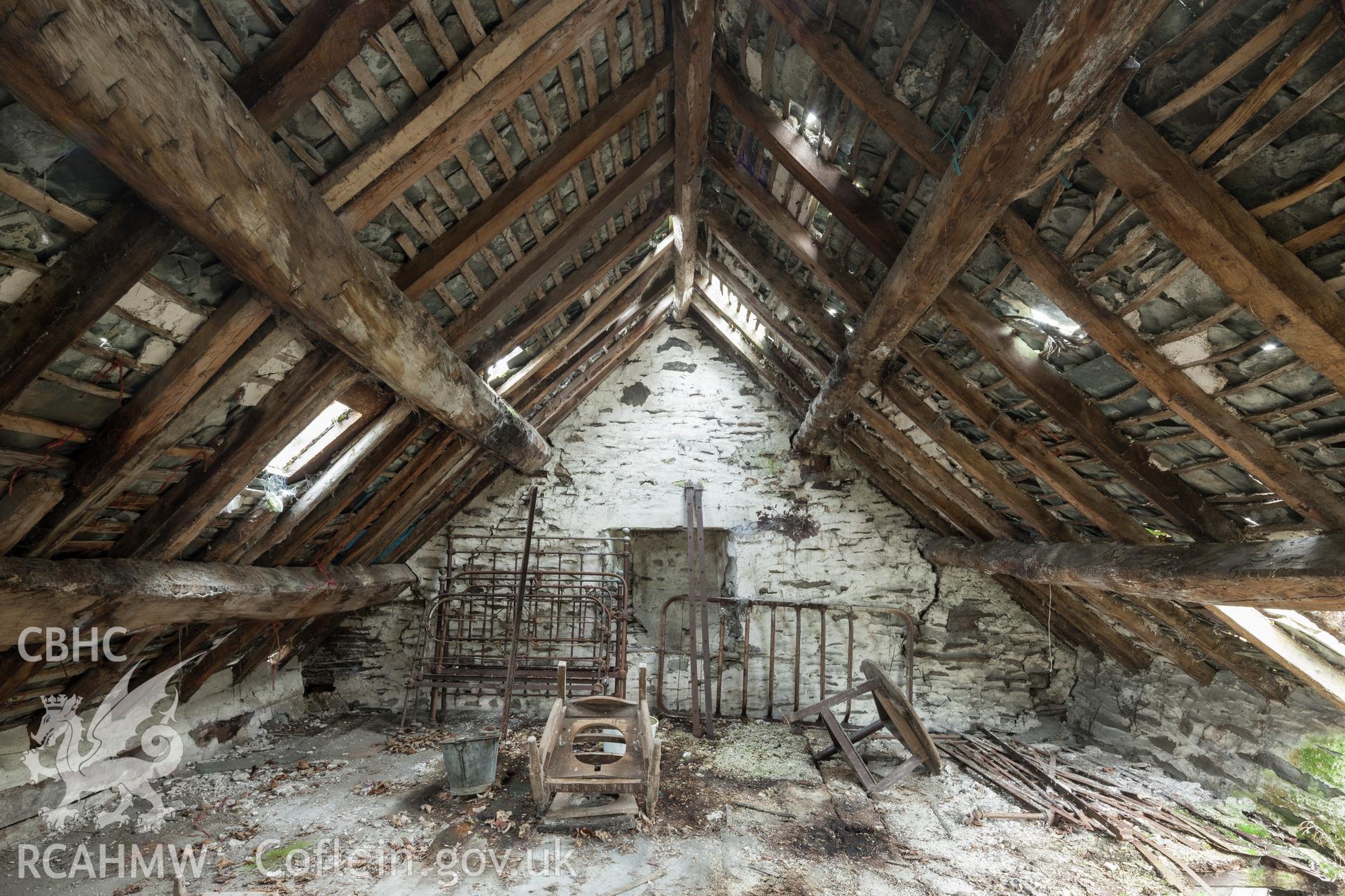 Attic in end southeast bay of main range, looking southeast.