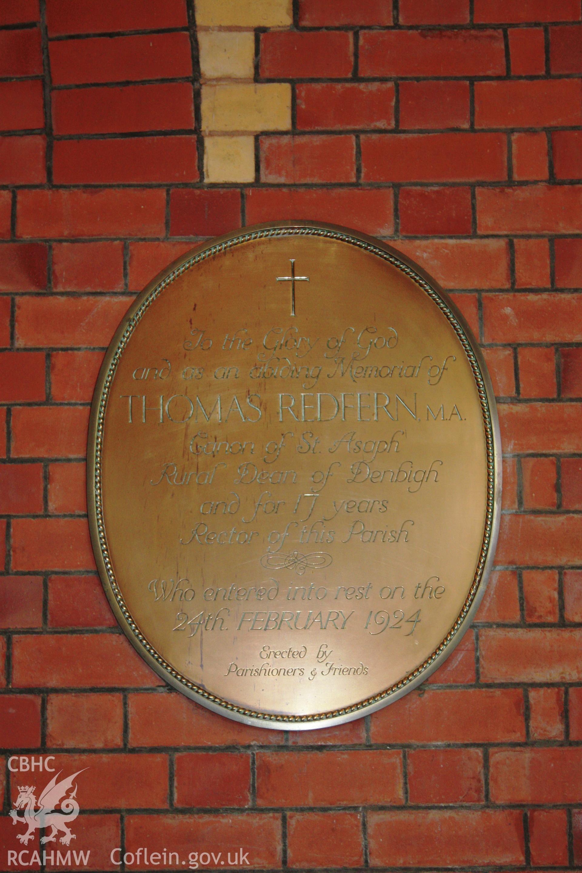 St Davids Church, Denbigh detail of memorial plaque