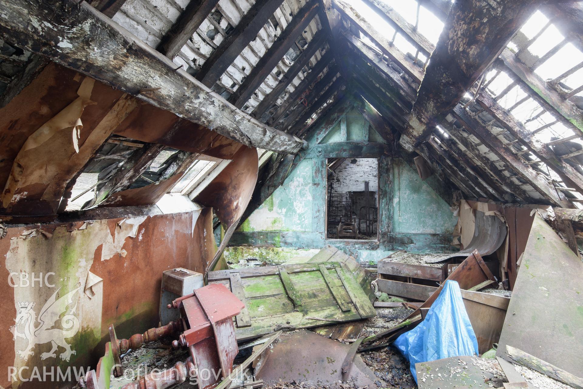Attic in second bay of main range, looking southeast.