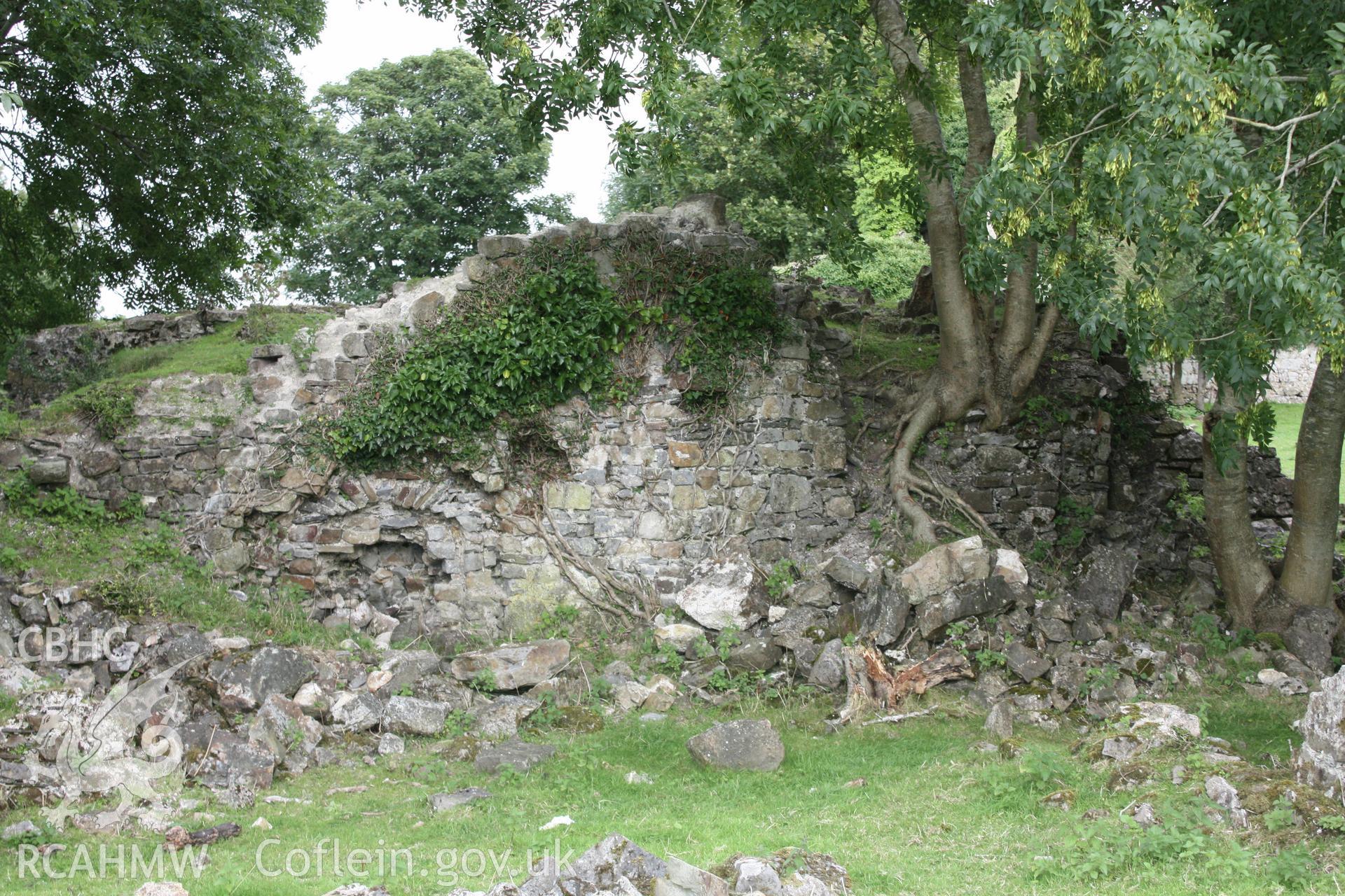 West elevation of hall, showing rubble-blocked doorway to undercroft and, to the left of the image, a single remaining corbel.