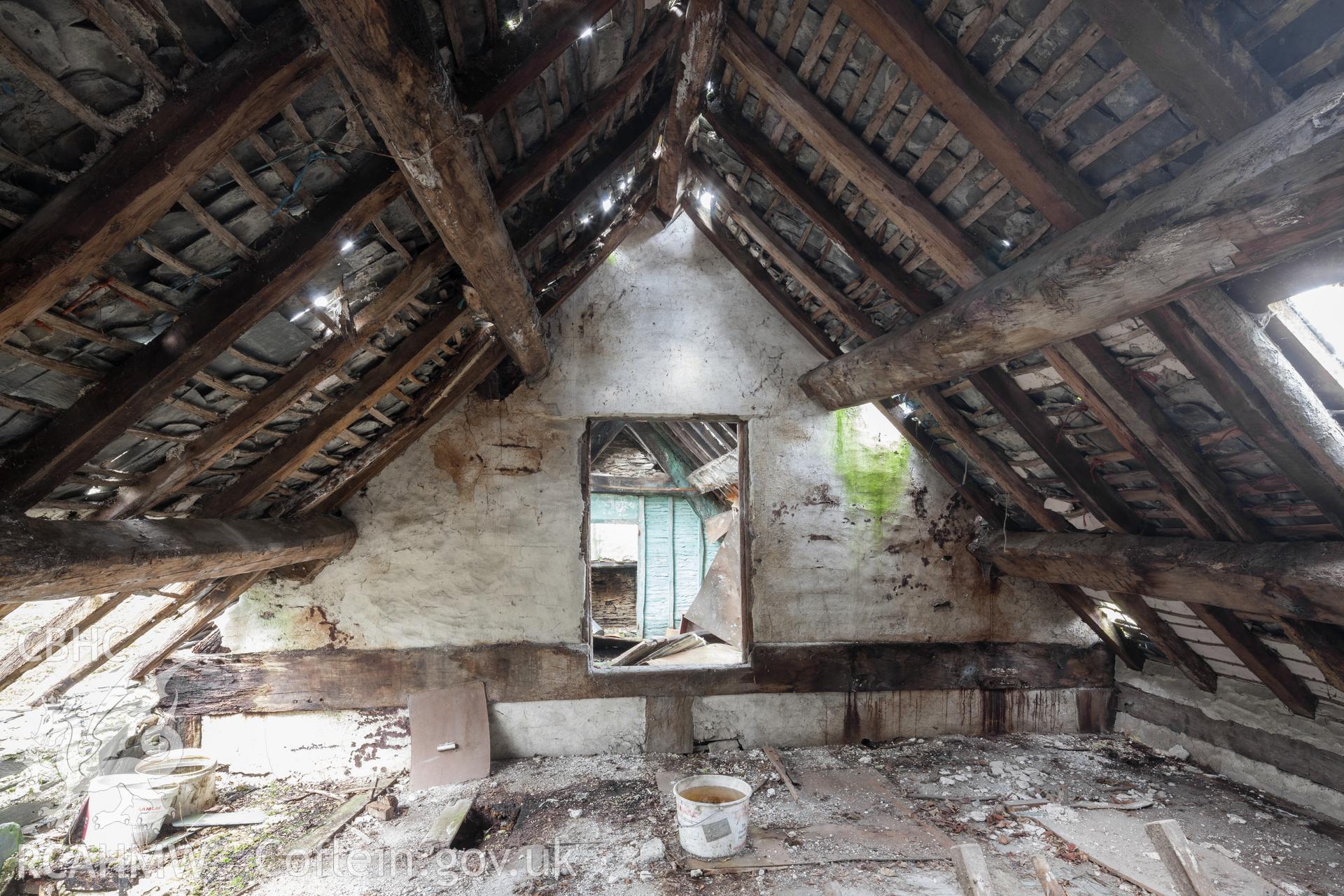 Attic in end southeast bay of main range, looking northwest.