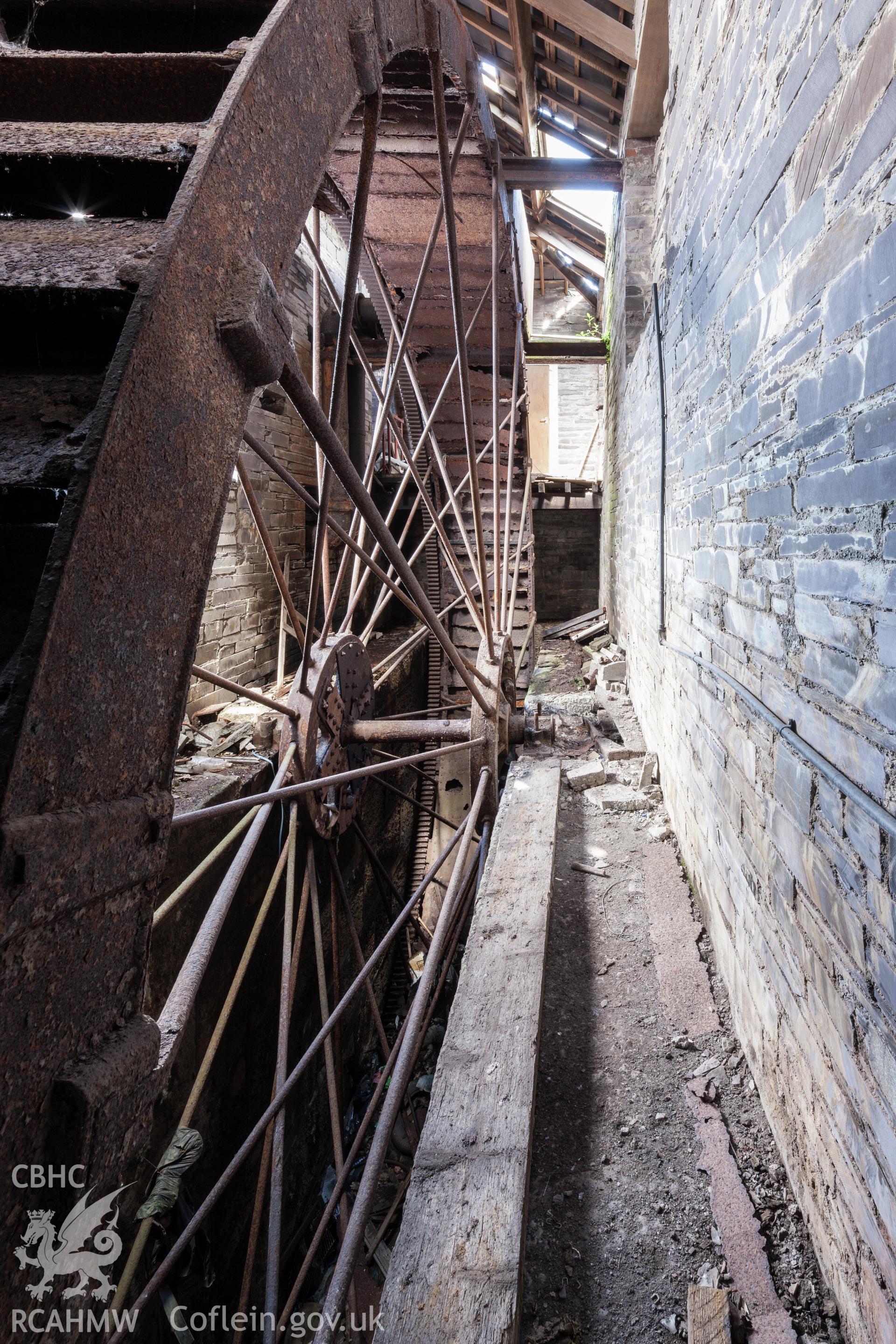 View of waterwheel from the south southeast, right hand side.