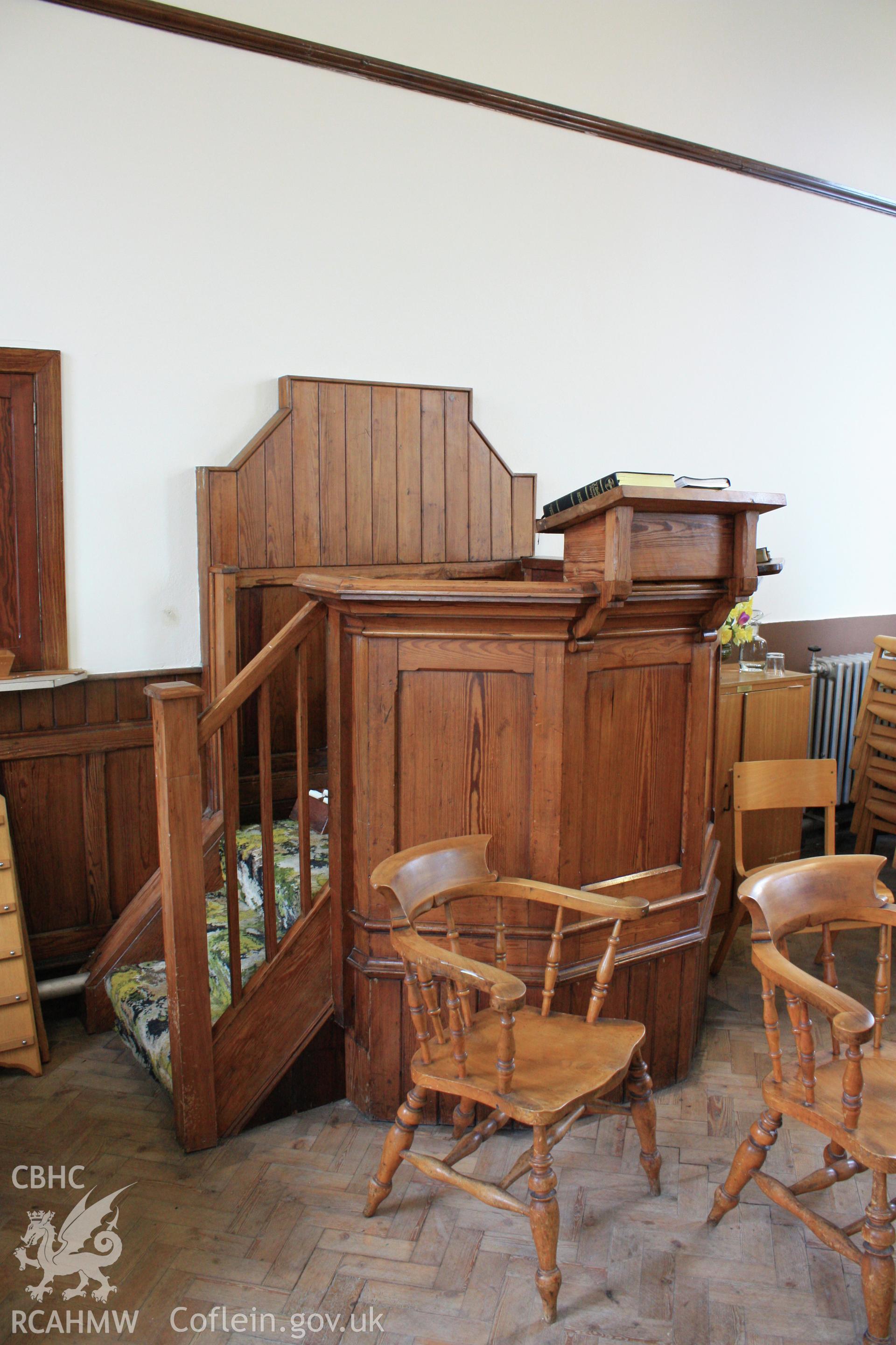 Internal; pulpit from original chapel, now in vestry