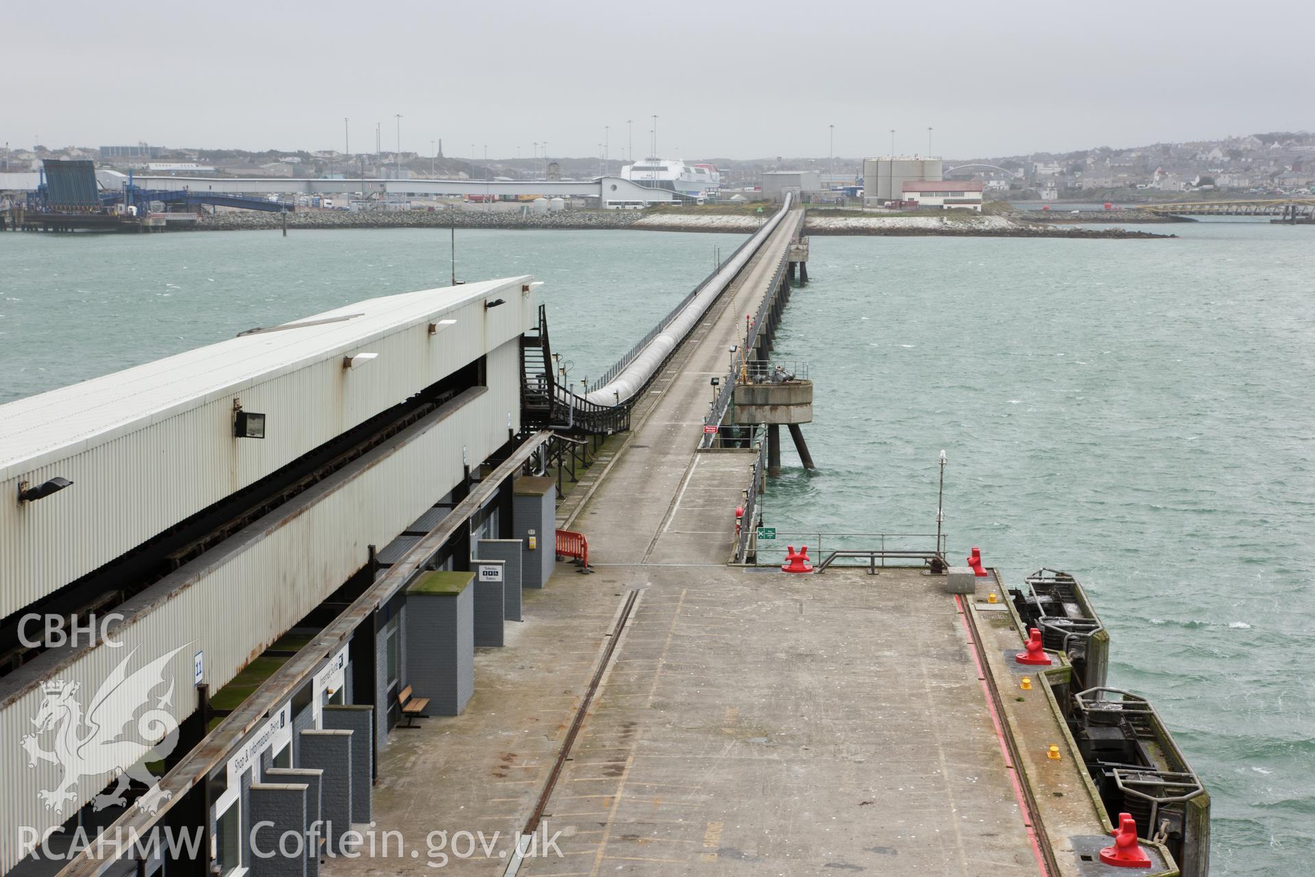 Looking south-west from the upper story of the southern travelling unloader along Salt Island jetty.  The conveyor belt runs along the left hand side of the jetty to the Island Transfer Station. Taken by Iain Wright, 5/10/11.