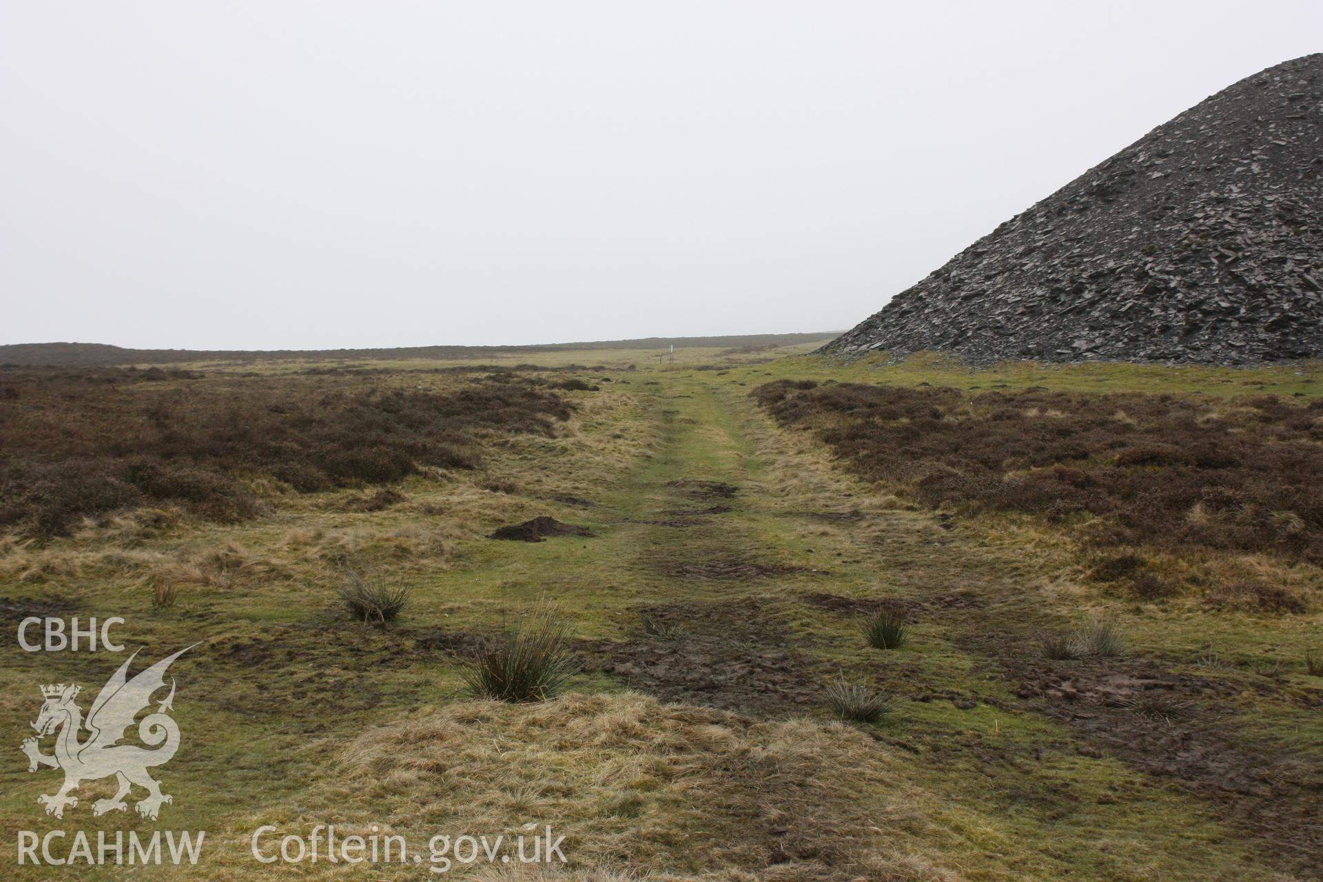 Former tramroad at Moel-y-Faen slate quarry, looking west from the A542 in Horseshoe Pass.