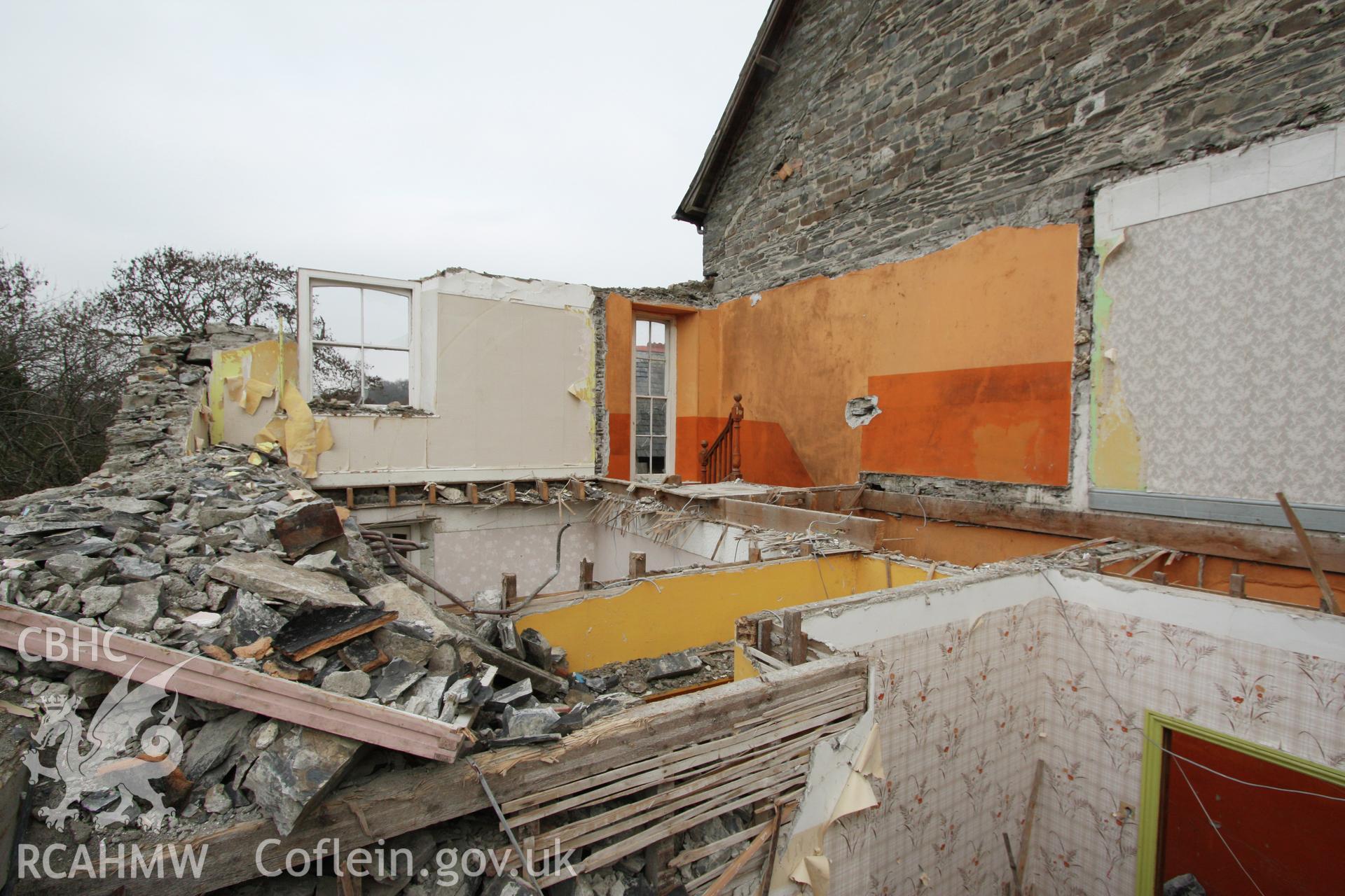 Chapel house attached to Gosen Chapel, Rhydyfelin during demolition, view of house layout from the south-west corner looking north-west.