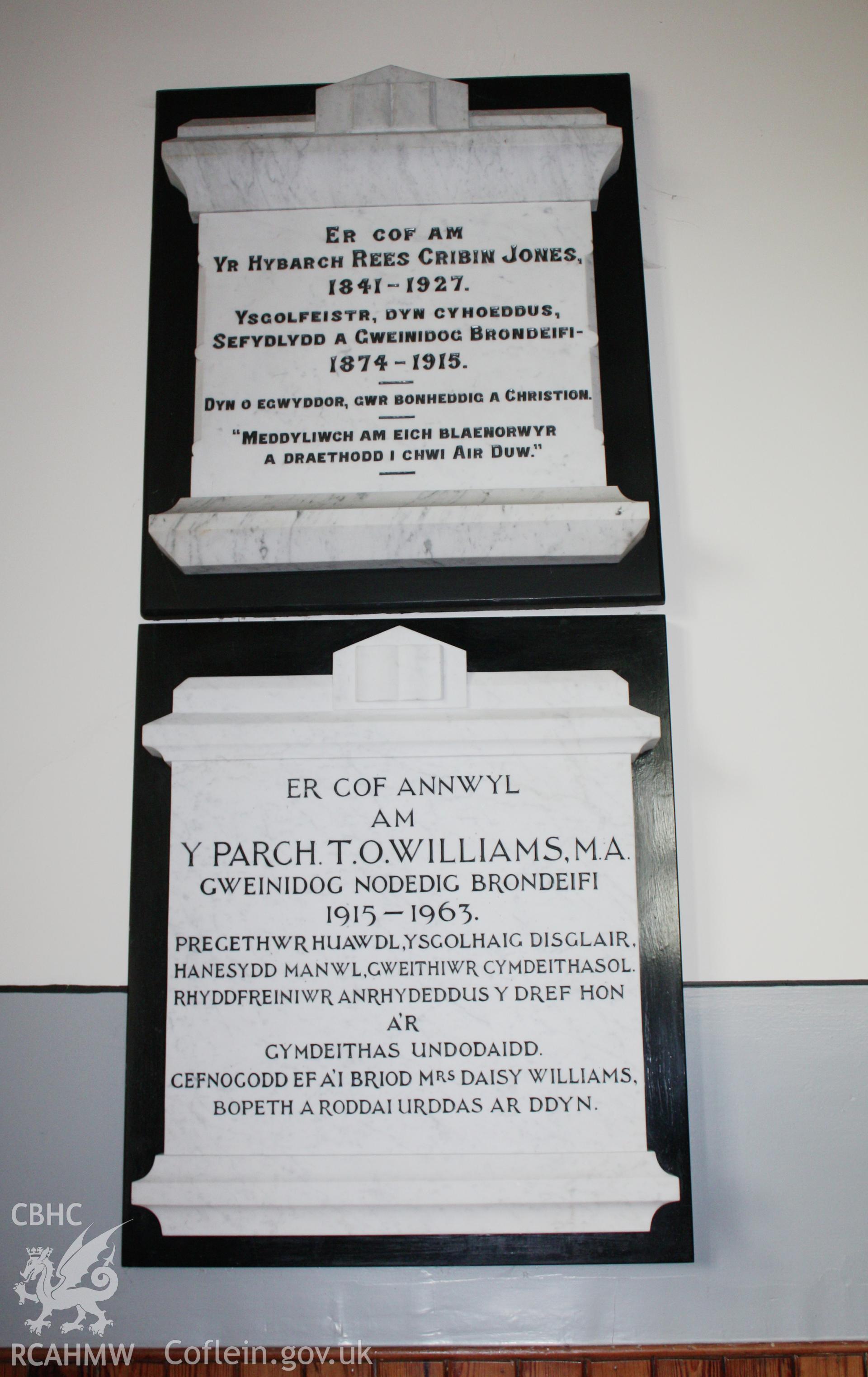 Brondeifi Unitarian Chapel, detail of memorials to revs. Rees Cribyn Jones and T Oswald Williams.
