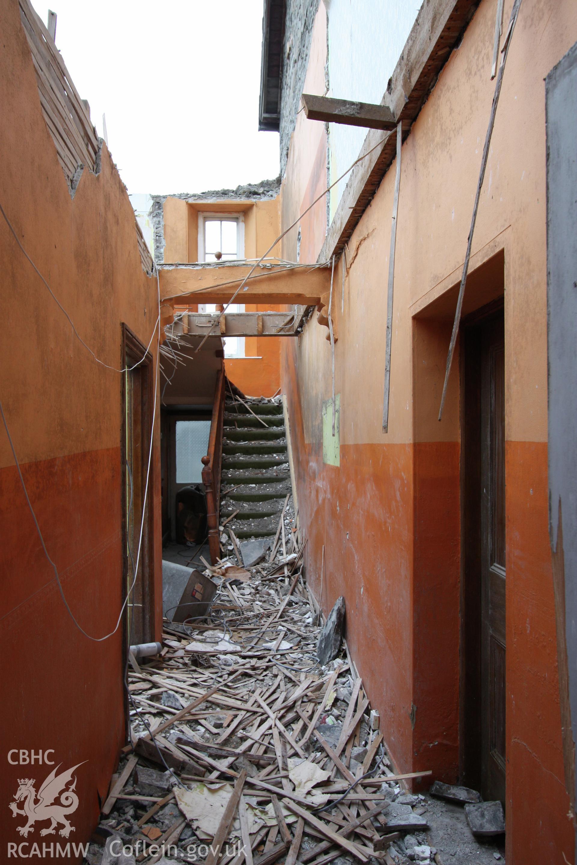 Chapel house attached to Gosen Chapel, Rhydyfelin during demolition, the hallway from the south.