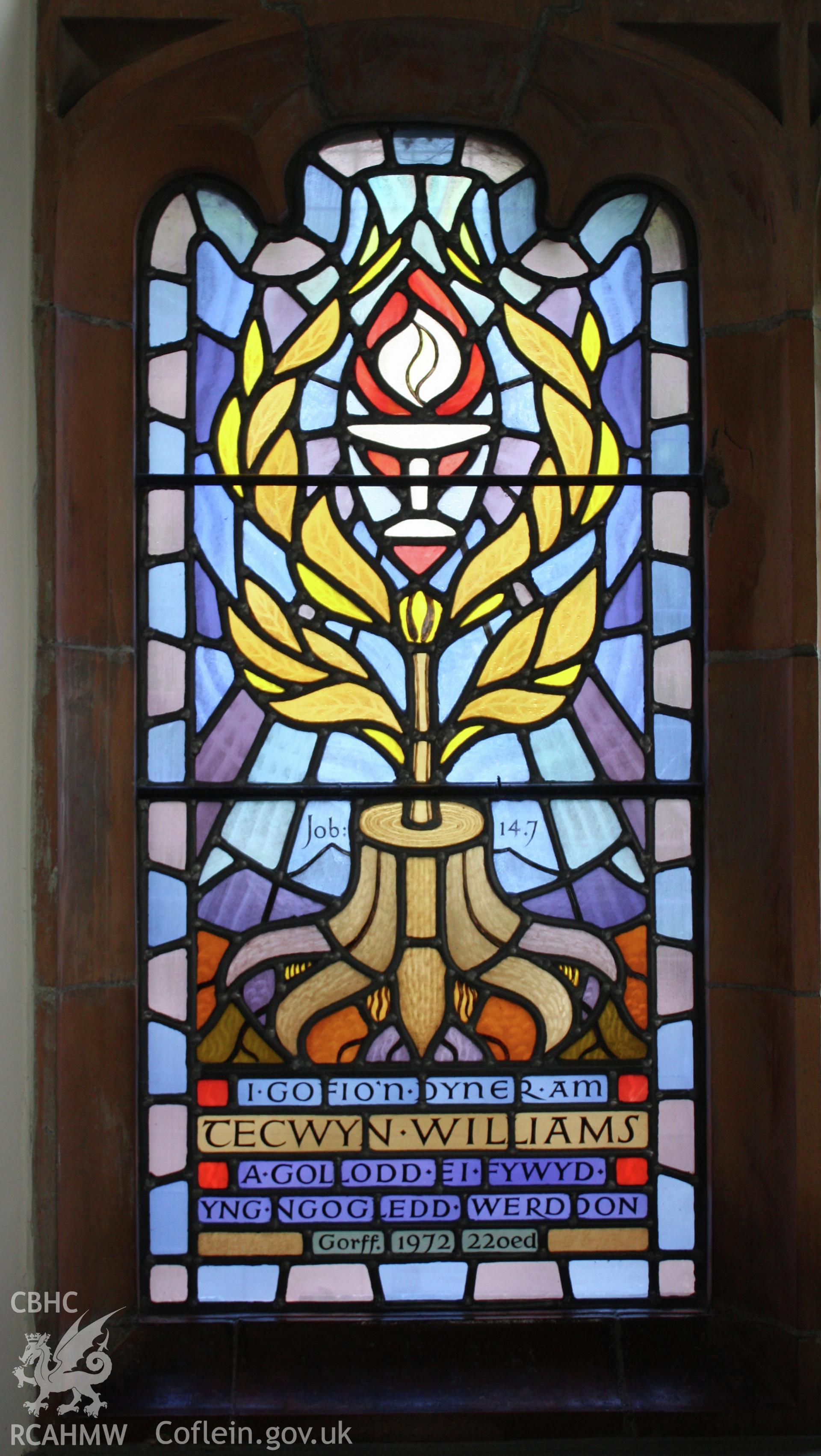 Brondeifi Unitarian Chapel, detail of memerial window to Tecwyn Williams.