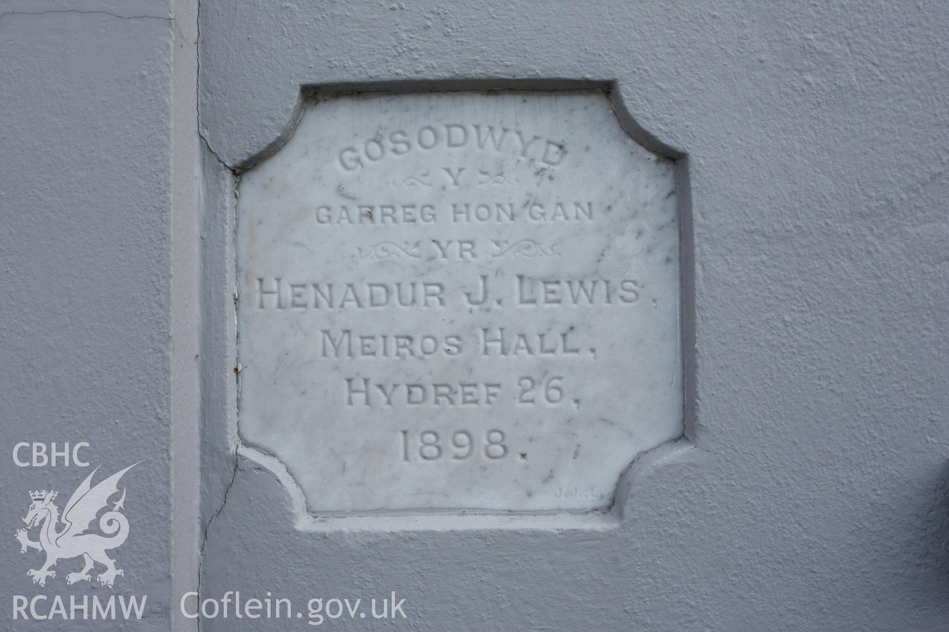 Noddfa Welsh Baptist Church, detail of foundation stone.
