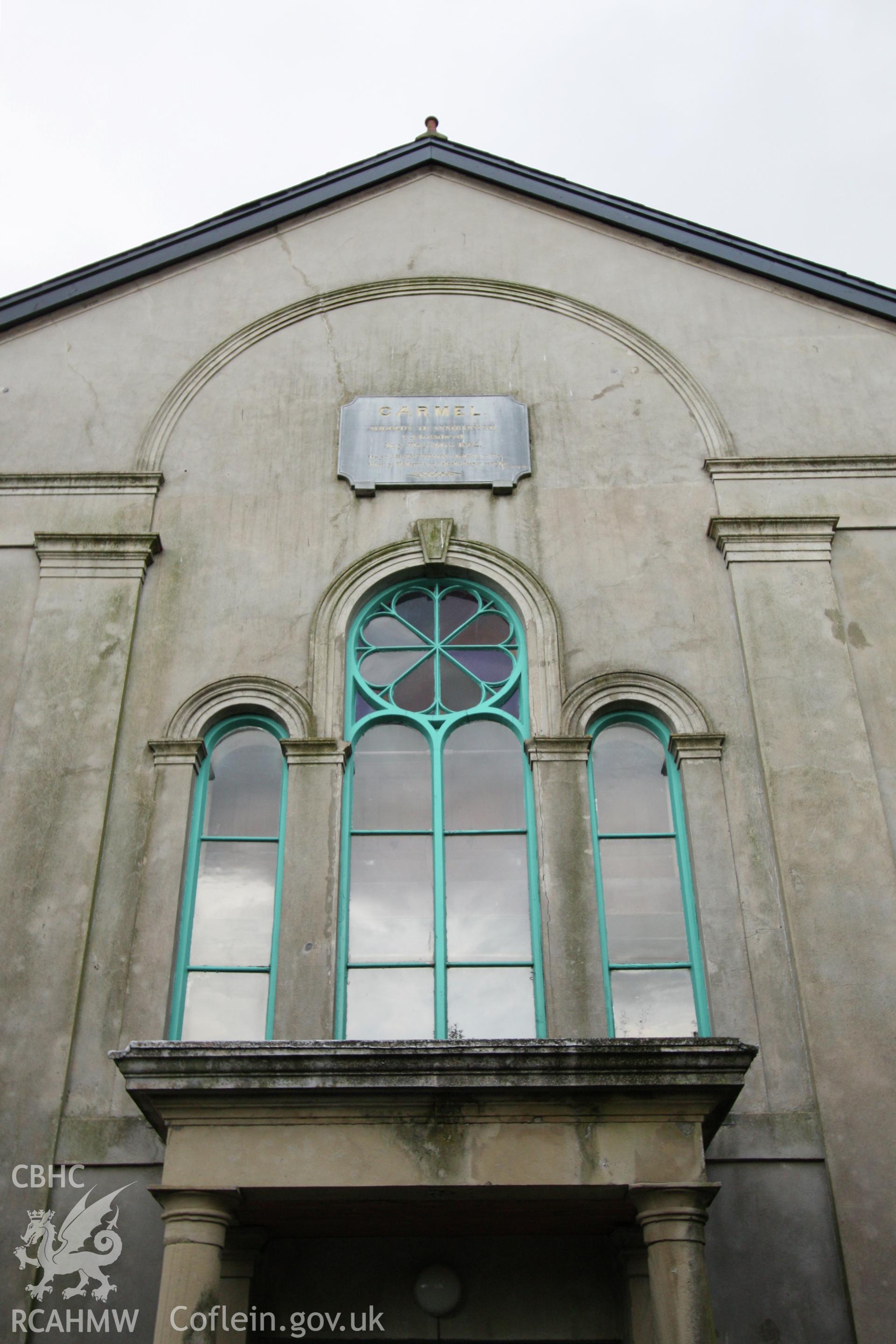 Carmel Welsh independent chapel, Tanygrisiau, detail of window and plaque in main facade.