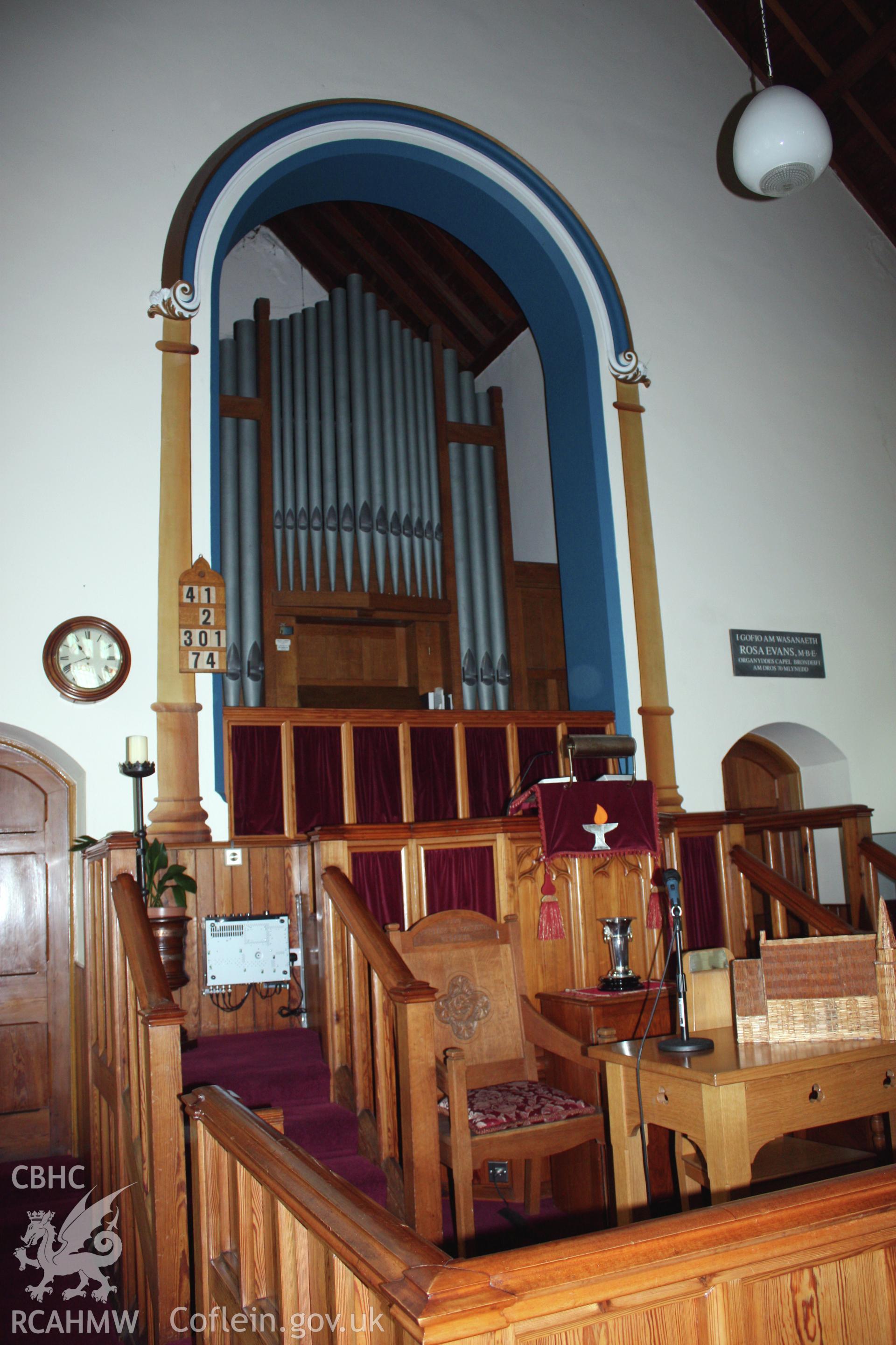 Brondeifi Unitarian Chapel, detail of pulpit and organ.