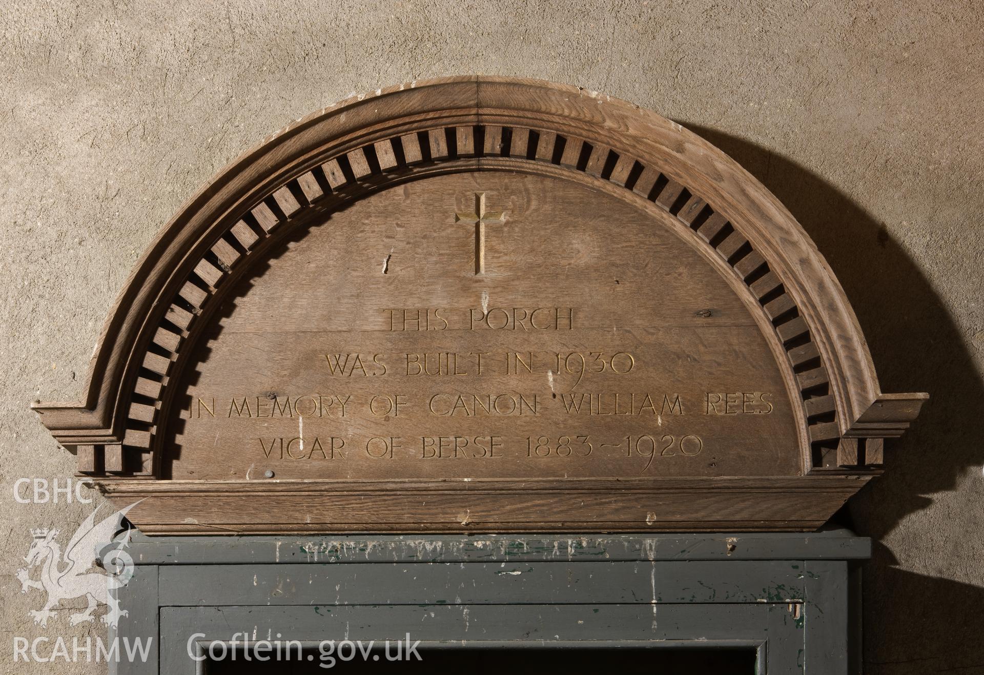 1930 memorial for the porch in memory of Canon William Rees.
