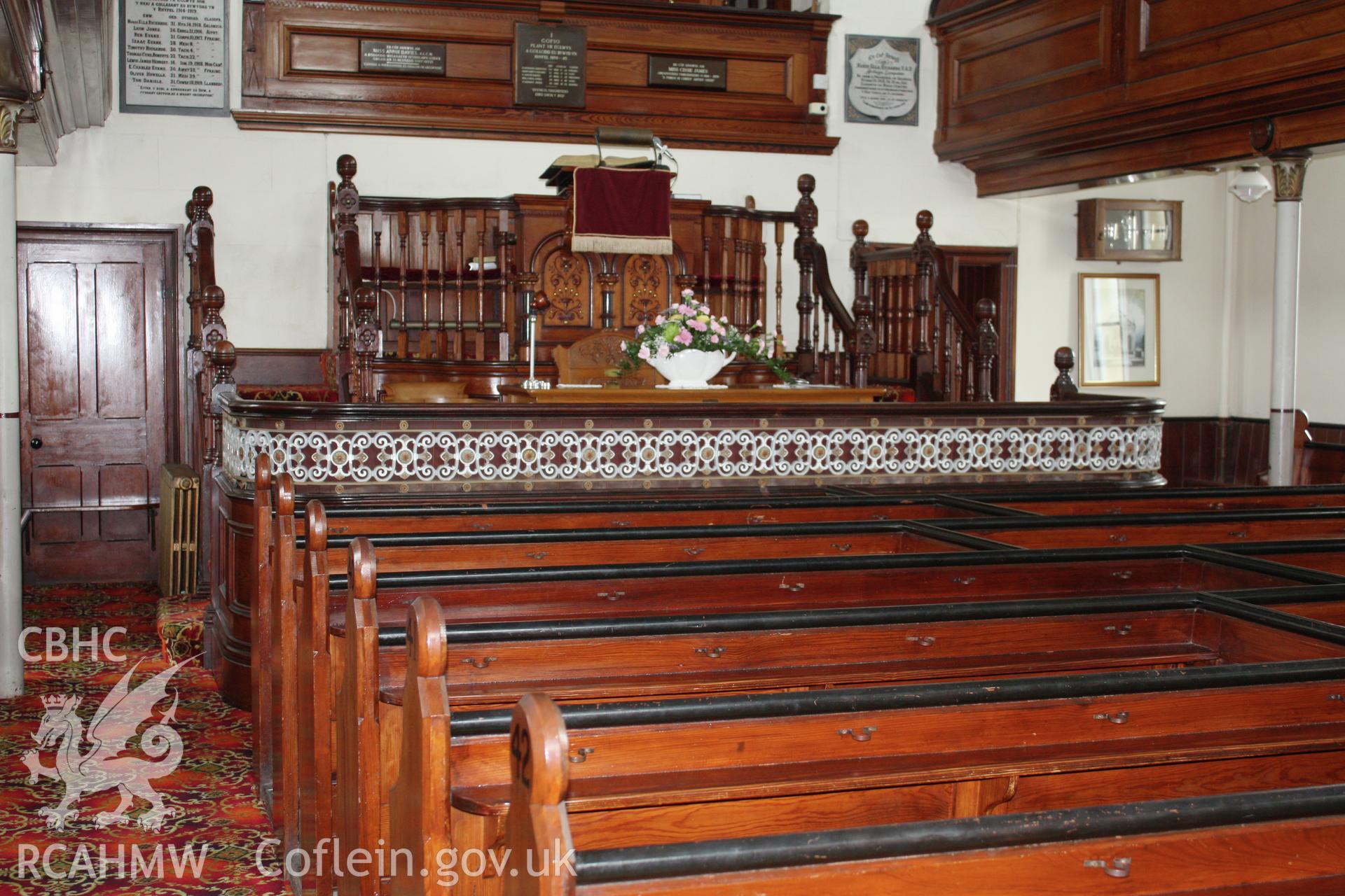 Soar chapel, pews, sedd fawr and pulpit platform.
