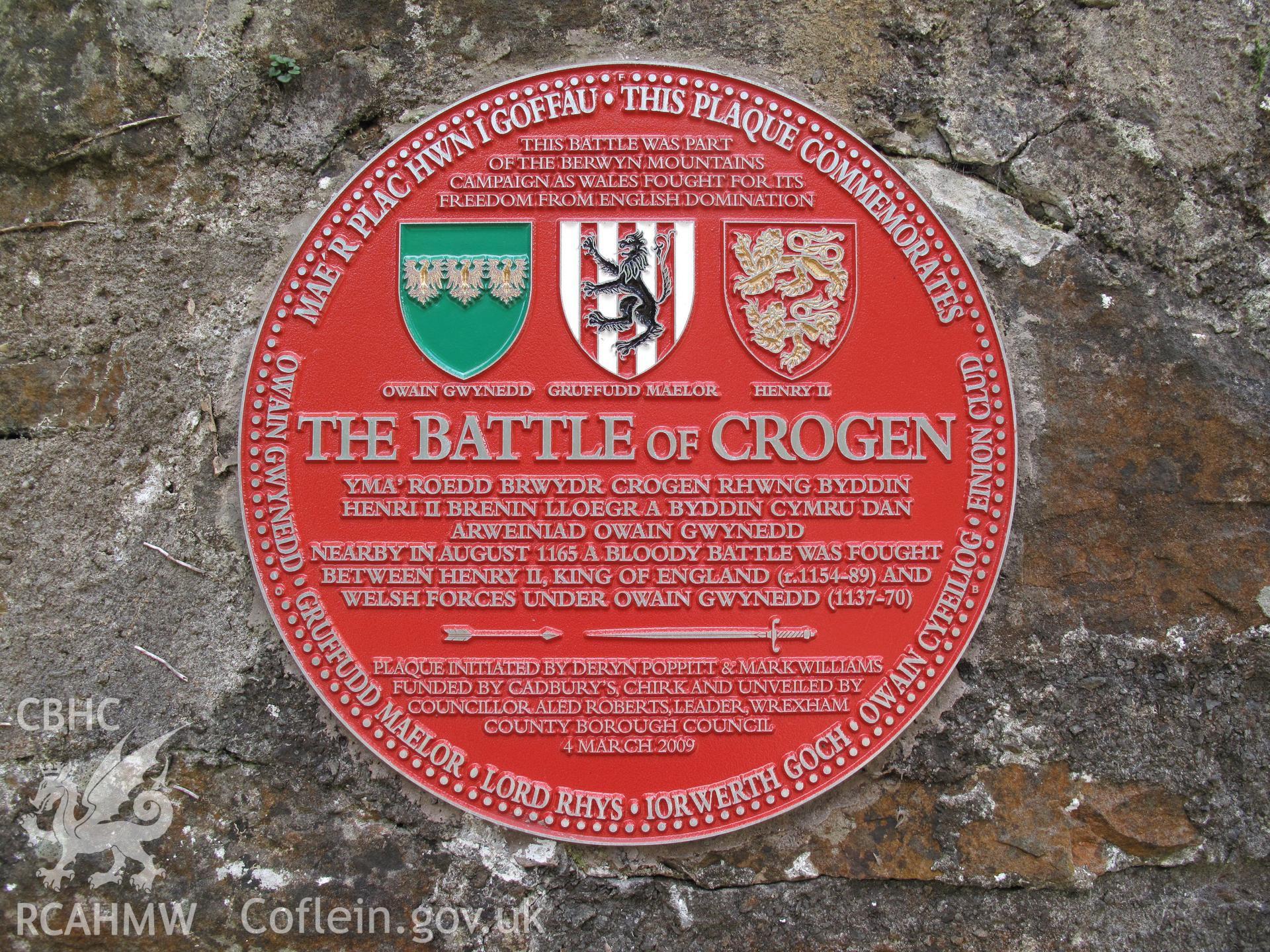 Plaque on Castle Mill Bridge commemorating the battle of Crogen, taken by Brian Malaws on 3 September 2010.
