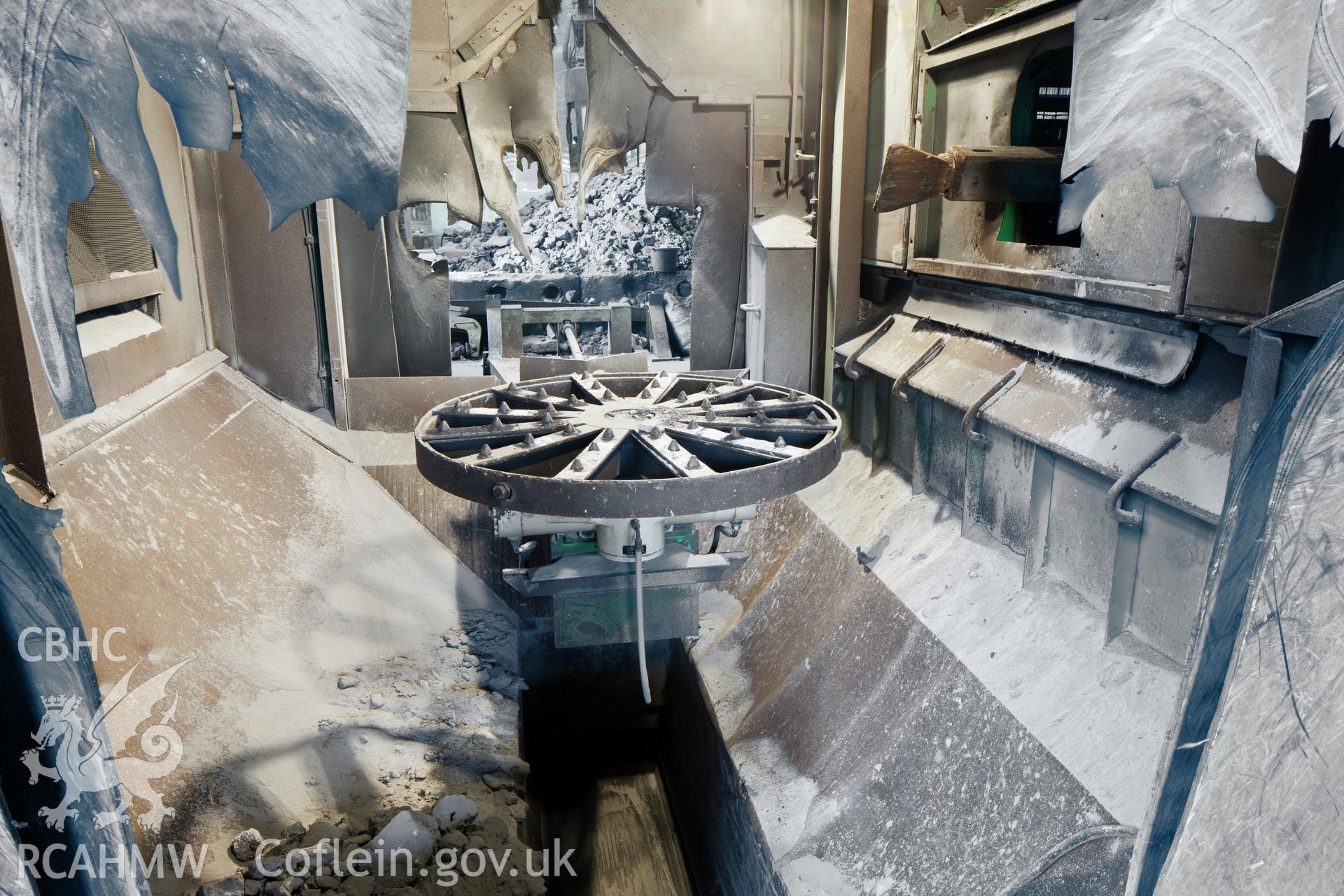 Pot Building, Glama Area, stage 2. A manually operated chisel removed the final fragments of bath from the carbon anode. Anglesey Aluminium, Iain Wright, 5/10/11.