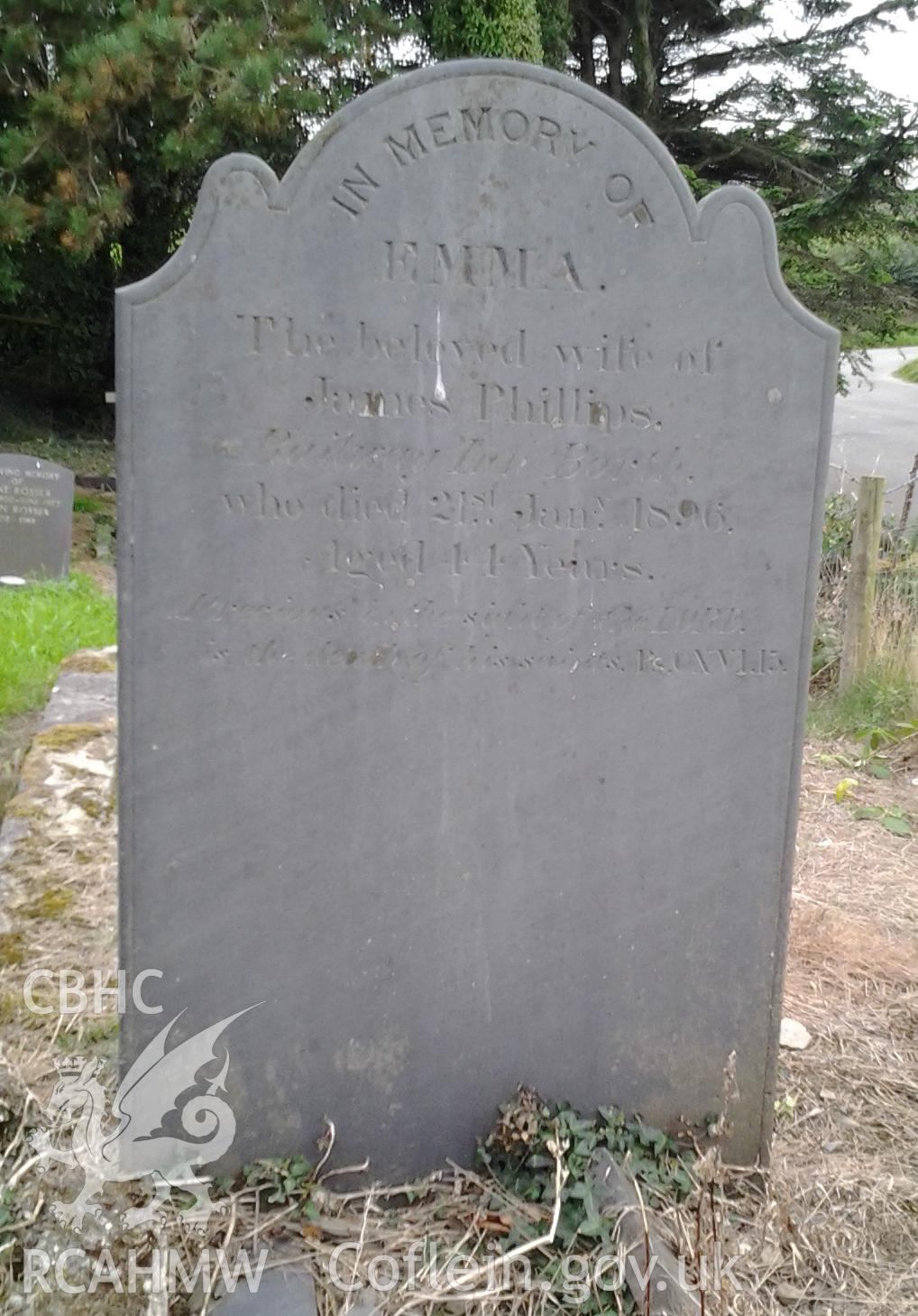 Memorial to Emma, wife of James Phillips of Railway Inn, Borth, died 21 January 1896