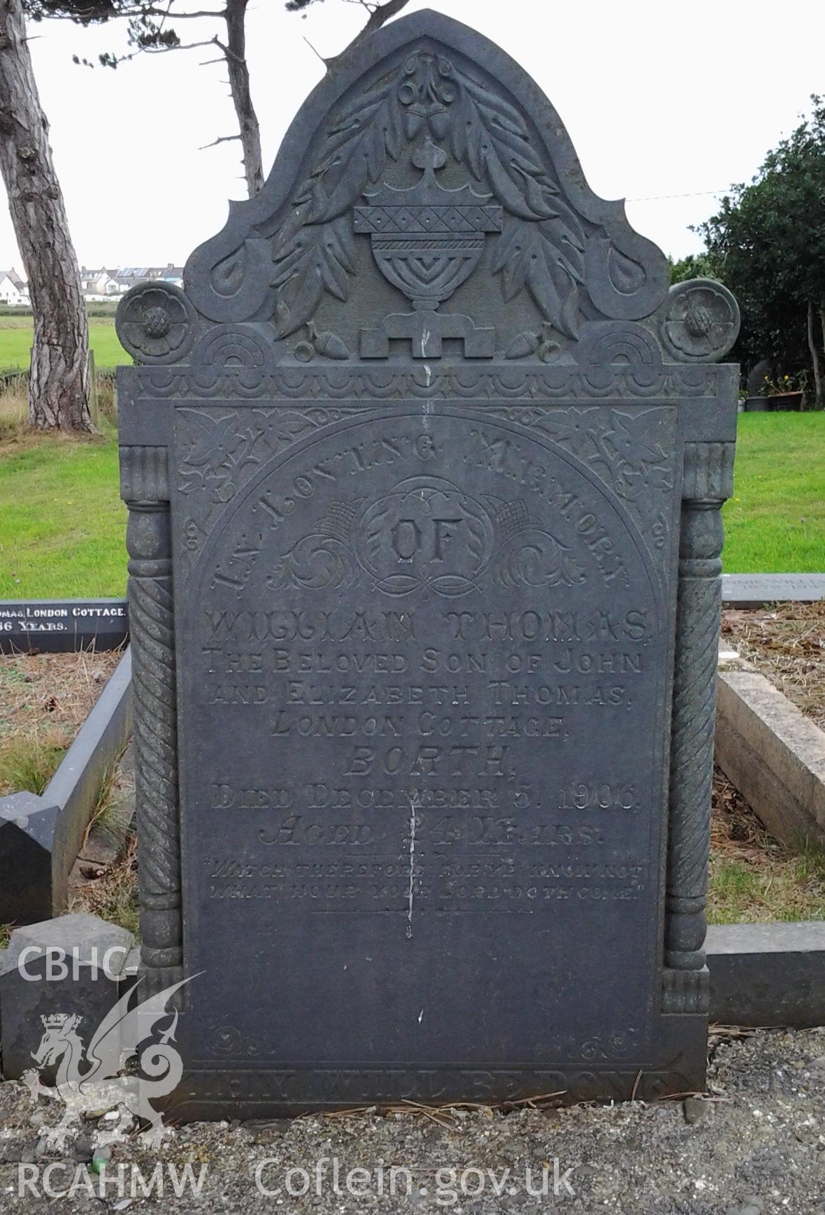 Memorial to William Thomas of London Cottage, Borth, died December 5 1906