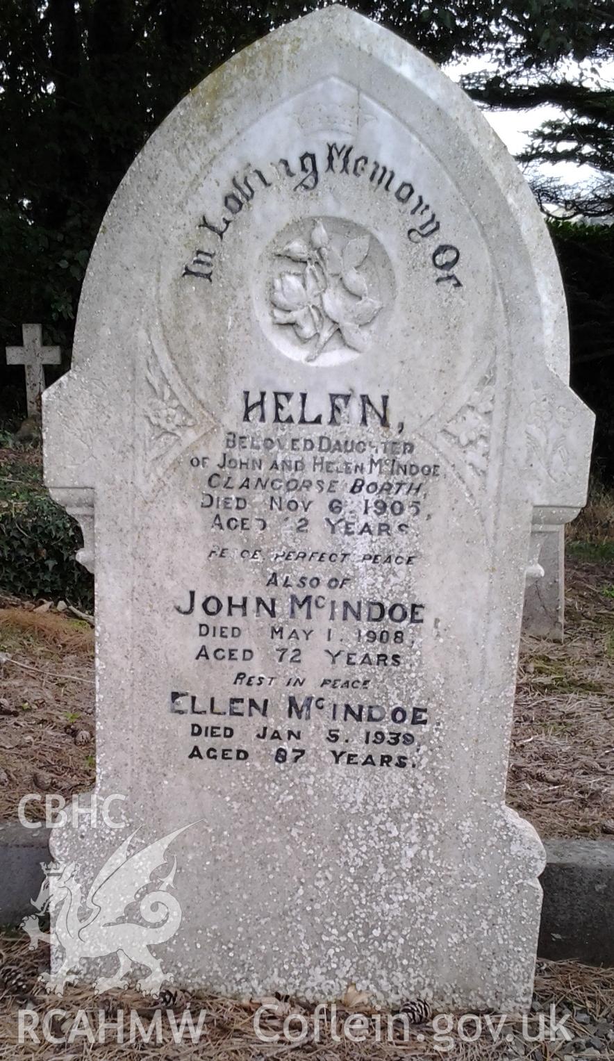 Memorial to Helen McIndoe of Glangorse, Borth (died Nov 6 1906, aged 2) and her parents John and Ellen McIndoe
