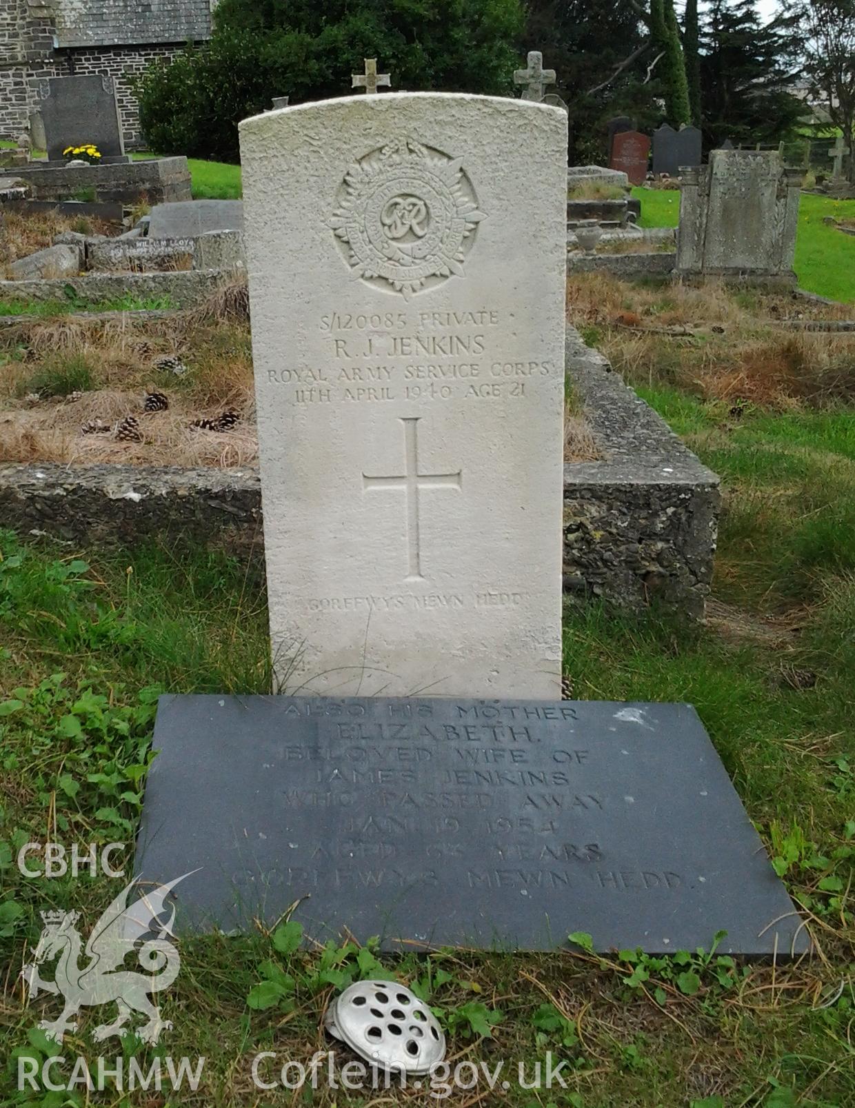 Commonwealth war grave memorial to Private R J Jenkins, Royal Army Service Coprs, died 11 April 1940, also to his mother Elizabeth Jenkins