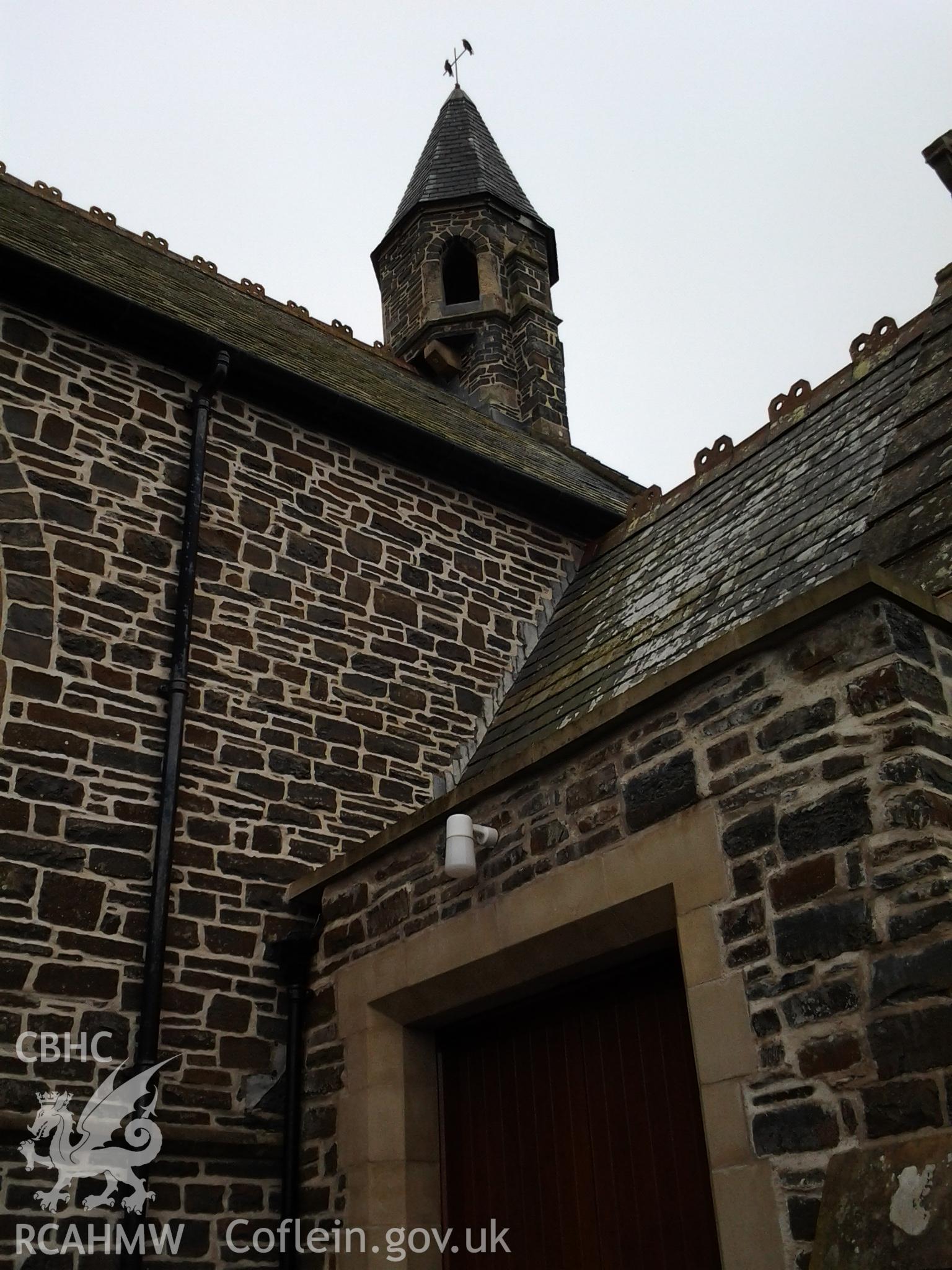 Bell tower and roof lines above main entrance