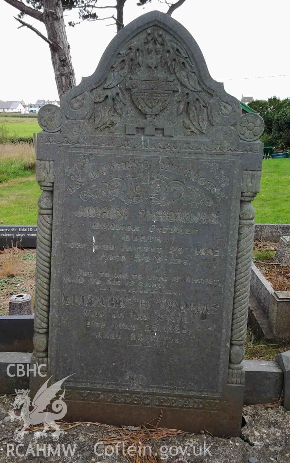 Memorial to John Thomas of London Cottage, Borth, died August 29 1892