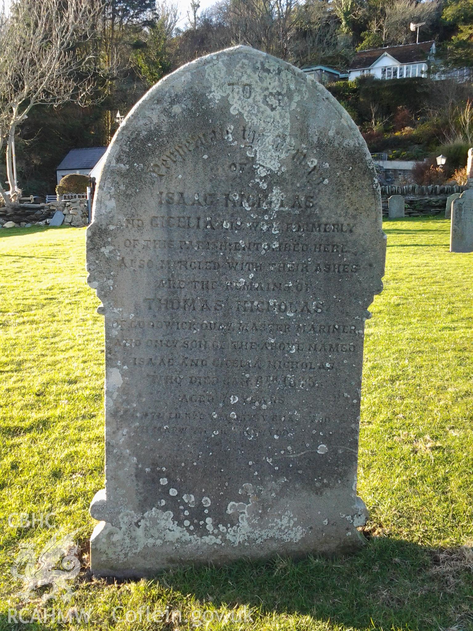 Gravestone of Isaac Nicholas and Cecilia his wife, and their son Thomas Nicholas, master mariner of Goodwick
