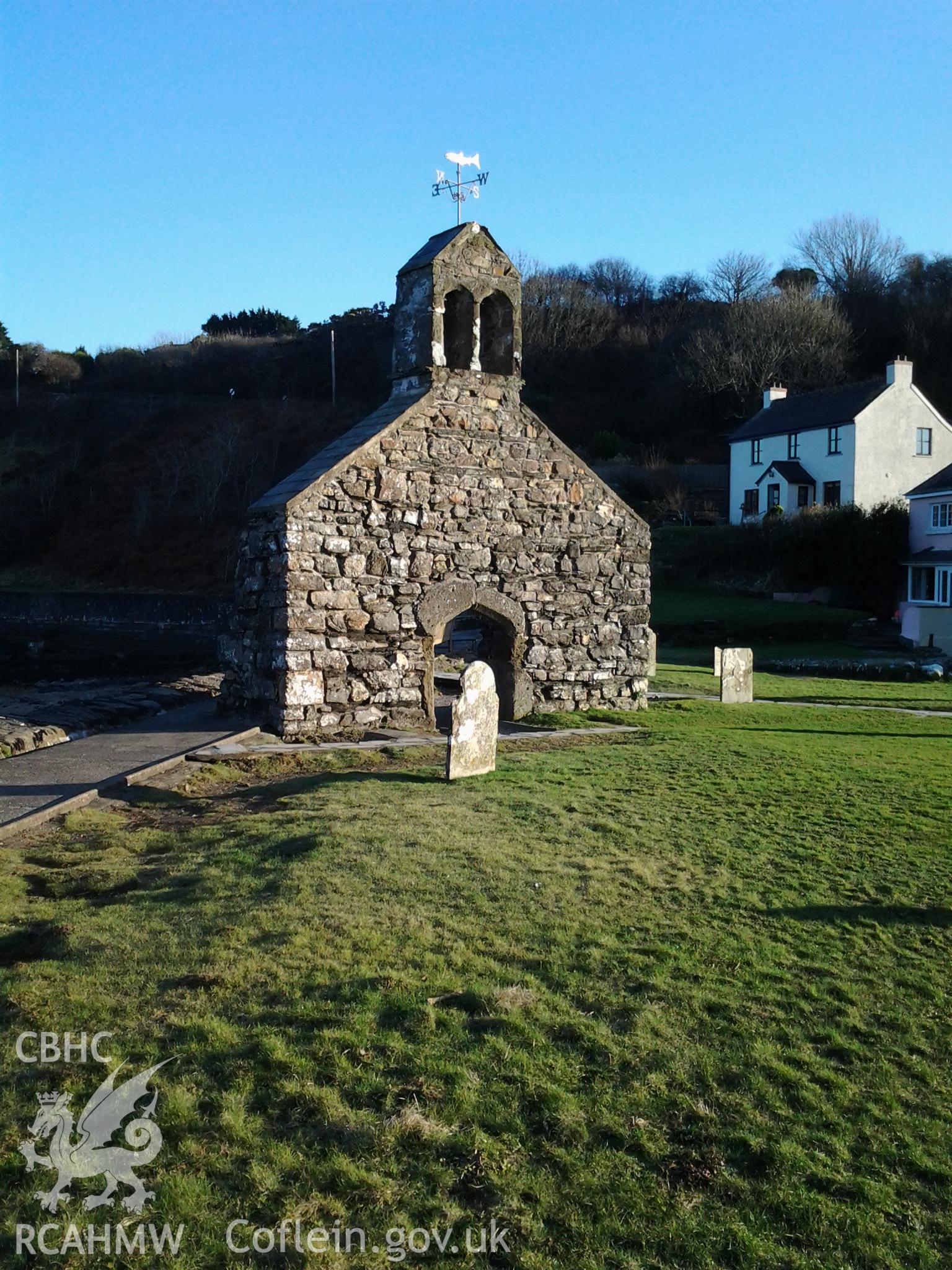 West wall of St Brynach's Church, Cwm-yr-eglwys, viewed from the north.