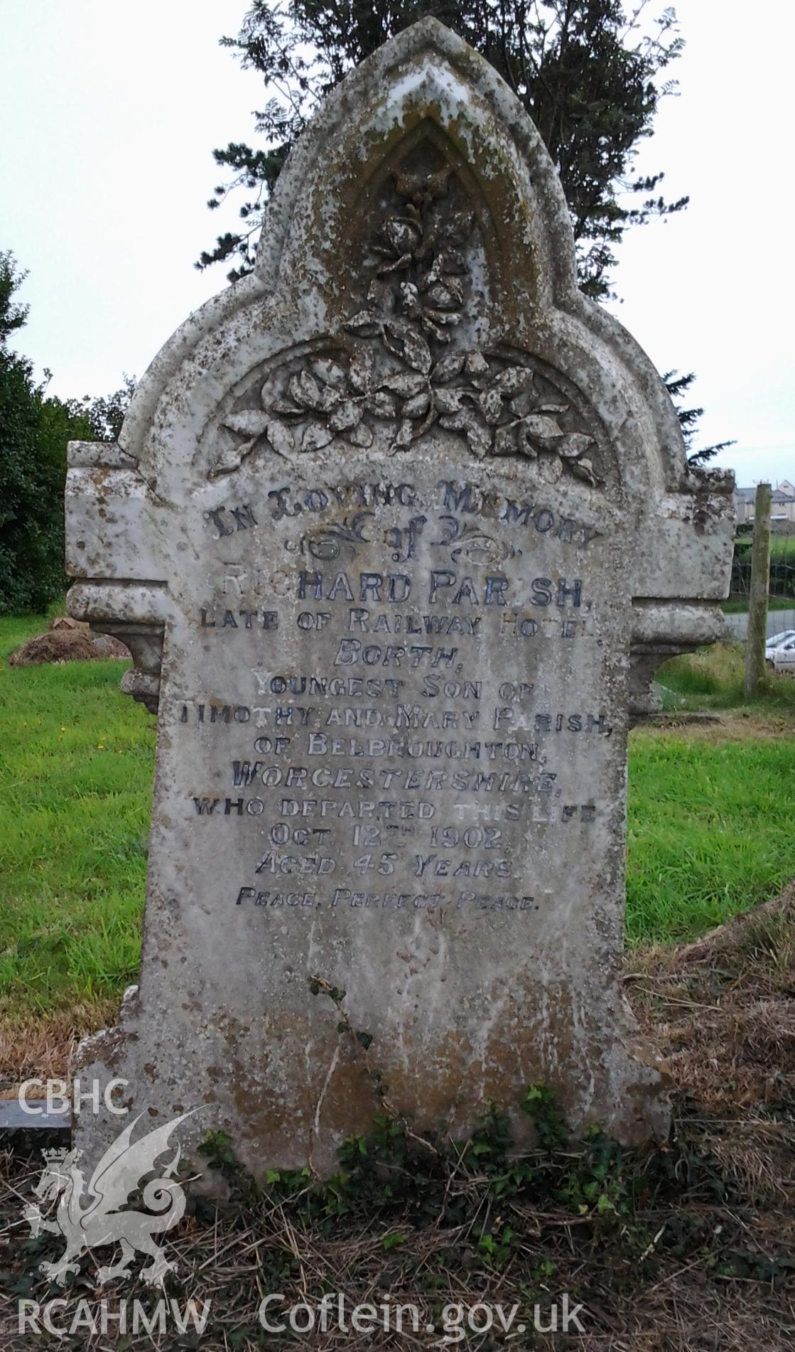 Memorial to Richard Parish of the Railway Hotel, Borth, died October 12 1902