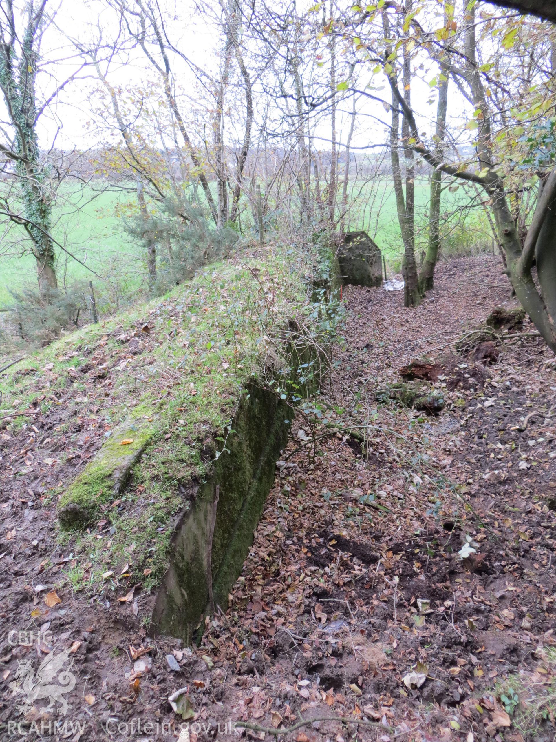 Bank and wall from the south-west, with former area of target mountings in 'ditch' behind.