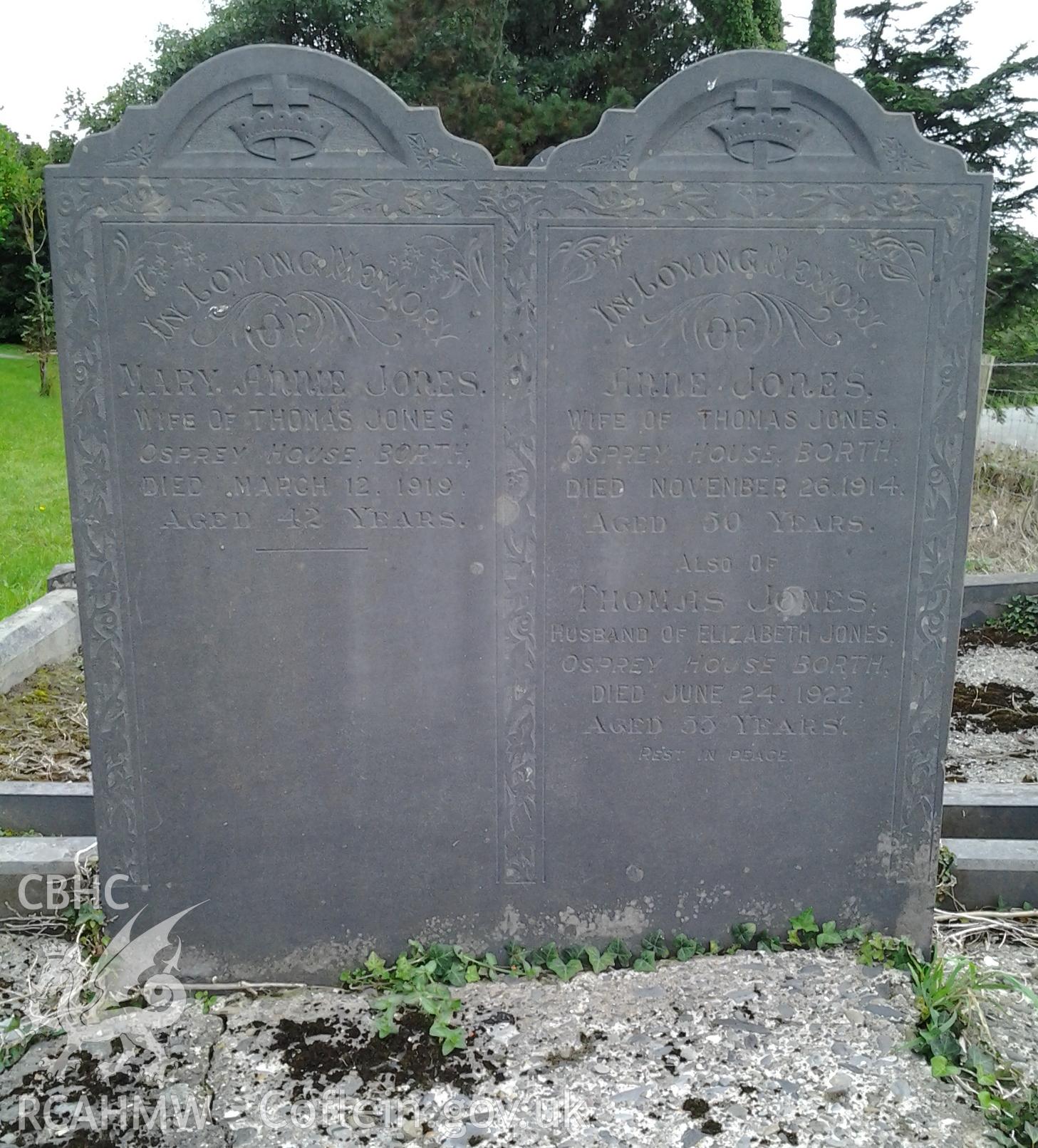 Memorials of Mary Anne Jones (died March 12 1919), Anne Jones (died November 26 1914), both wives of Thomas Jones, also remembered (died June 24 1922) all of Osprey House, Borth