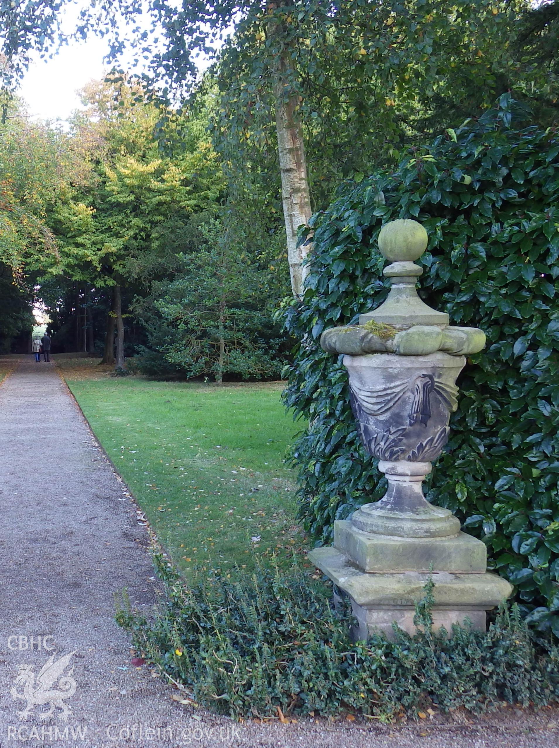 Decorative urn at entrance to Moss Walk (southeastern compartment of garden)