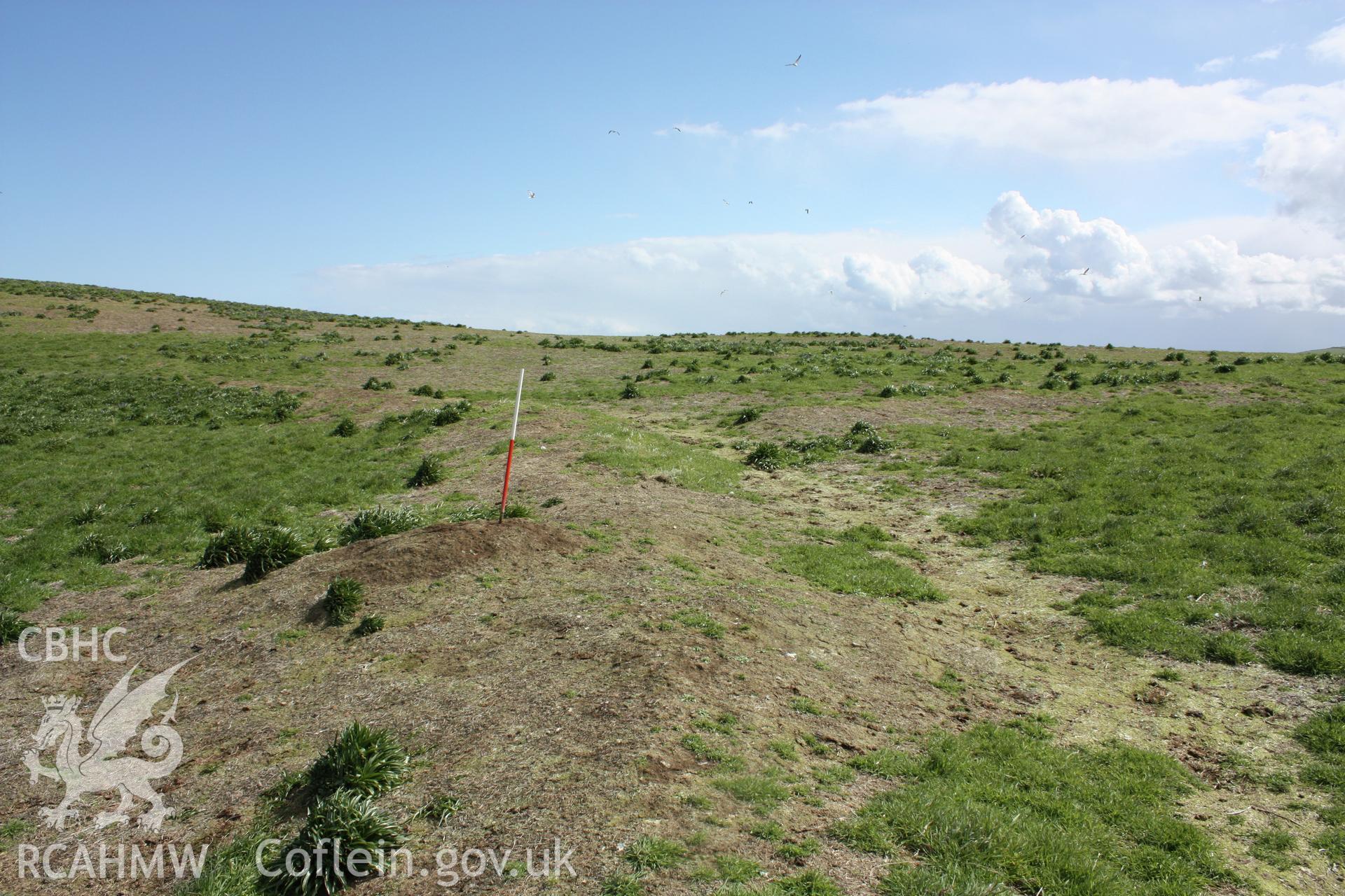 Looking north-east along the bank and ditch defining the southern corner of the promontory enclosure and the relationship with linear bank (NPRN 309339), centre right of the image.