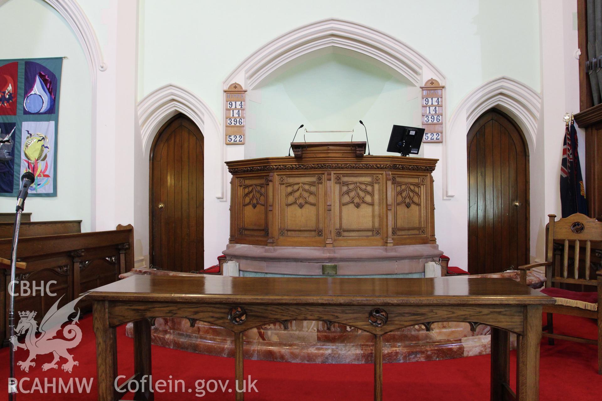 Interior of Hope Baptist Chapel, detail of pulpit and communion table