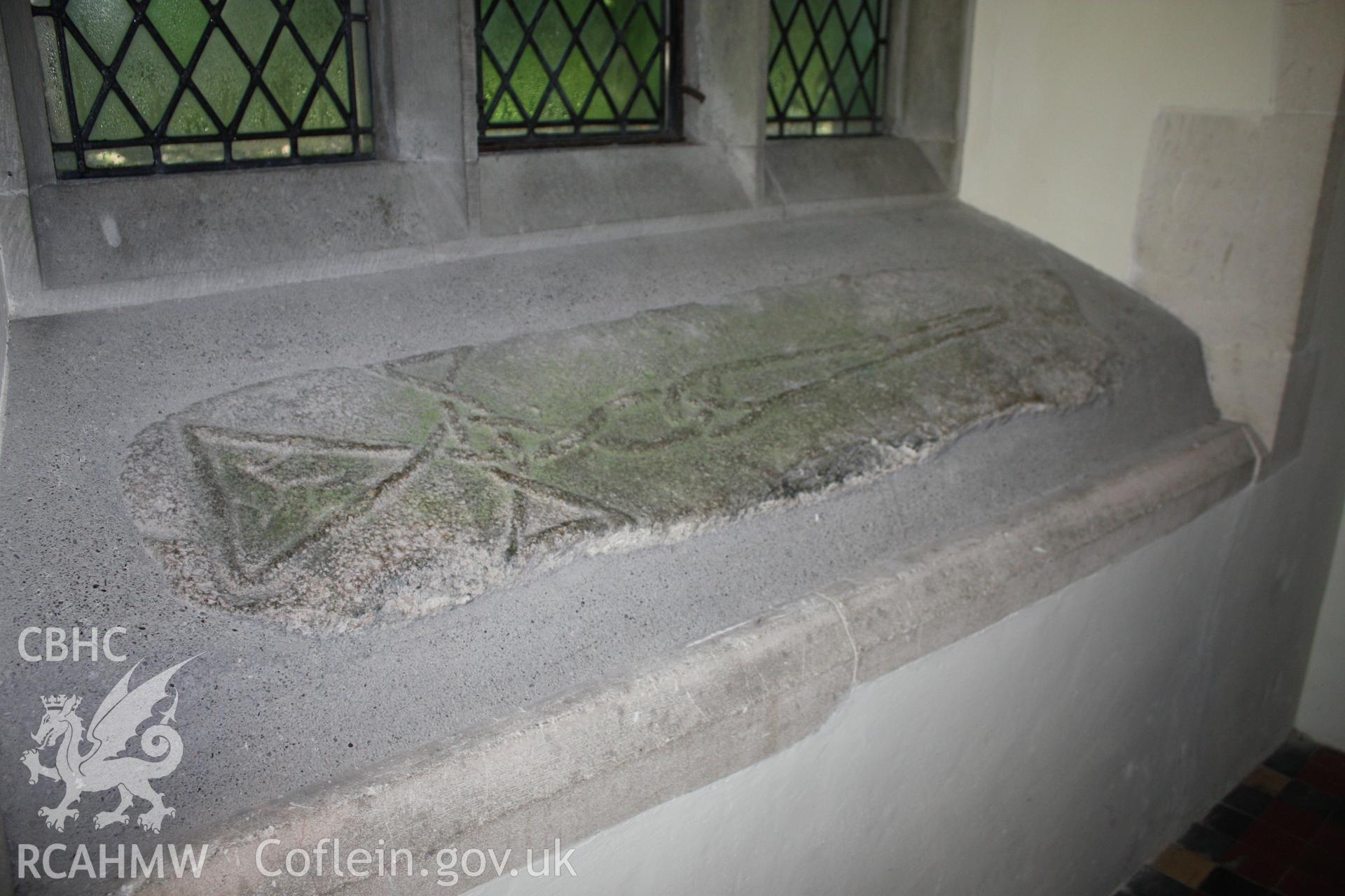 St Brynach's Church, Nevern, Pembrokeshire. May 2010. Cross-inscribed stone reused in south aisle window.