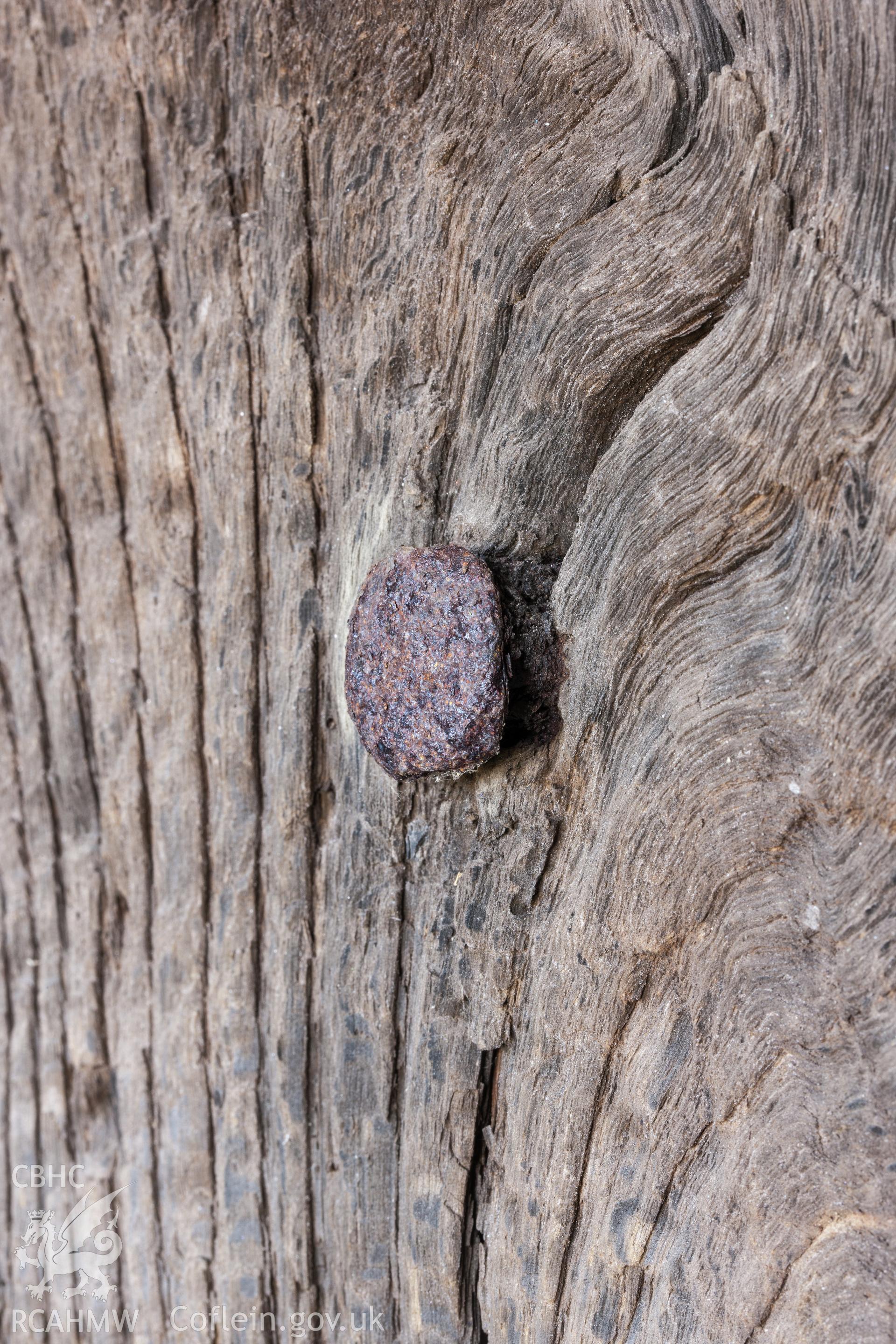Detail of nail, spacing behind nail possibly for metal sheeting