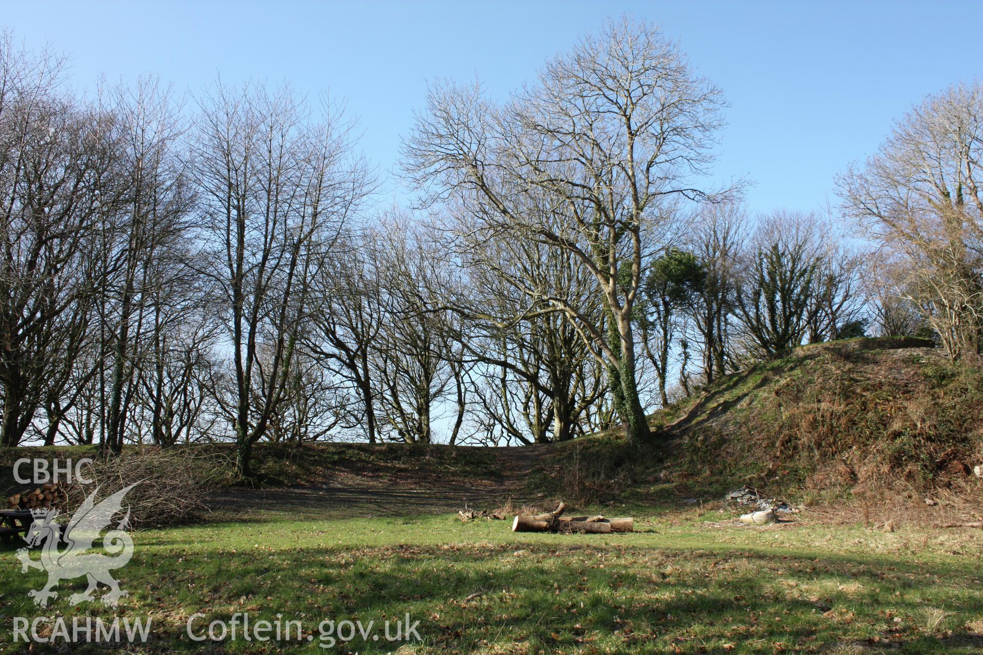 Nevern Castle, May 2010. View from the bailey to the motte and west rampart.