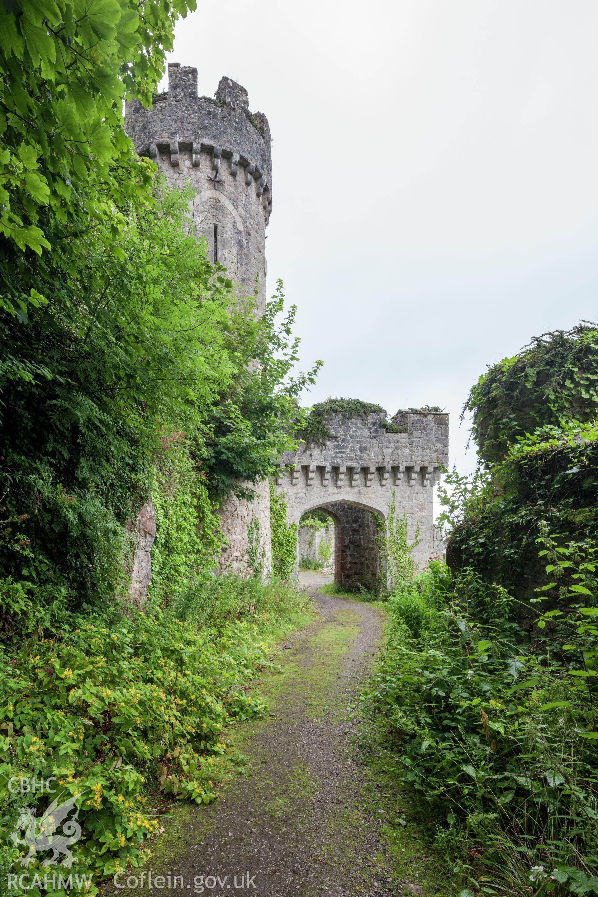 Gateway and tower to the southeast of the main entrance, looking north