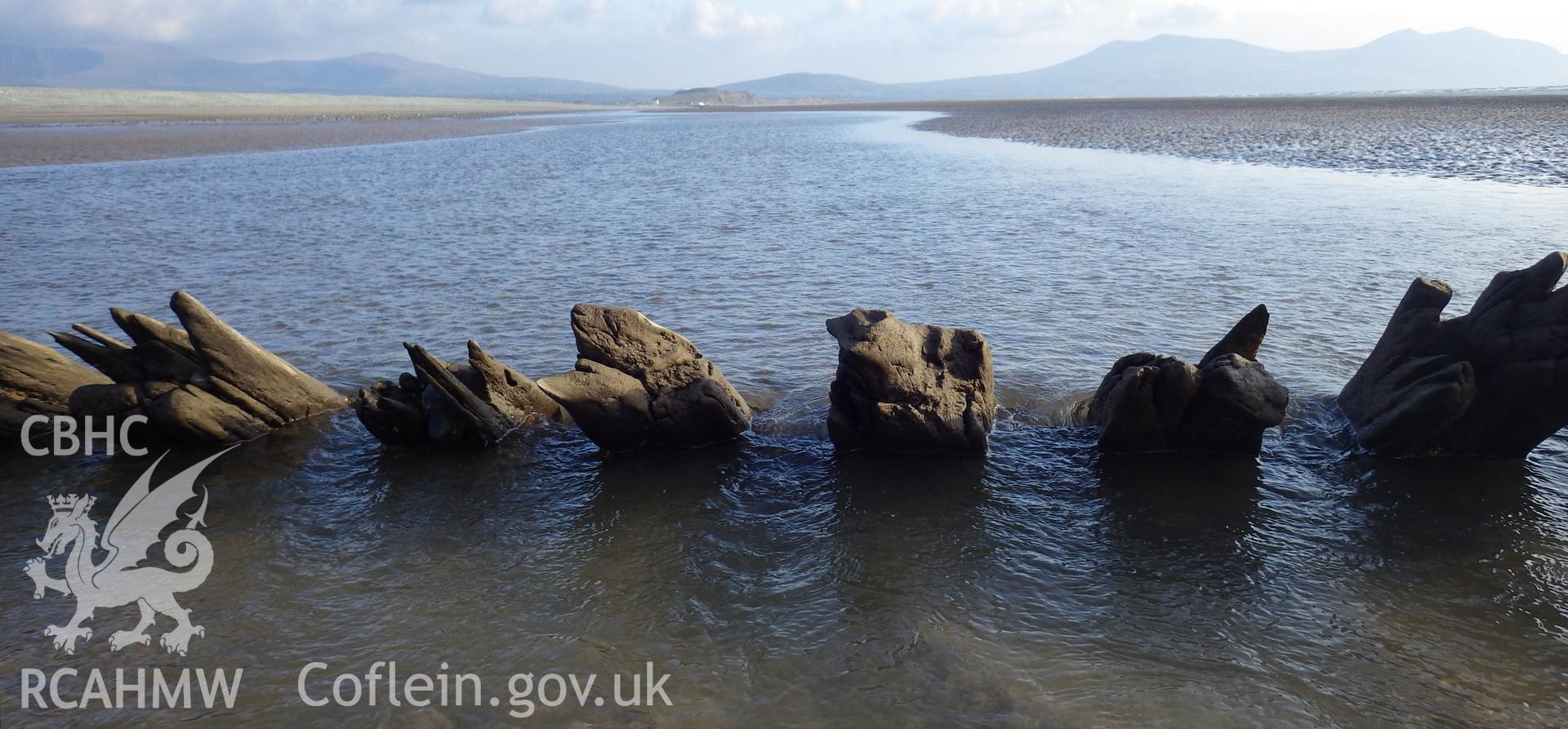 View of sequence of most upstanding frames from outside hull (looking south towards Dinas Dinlle hillfort)