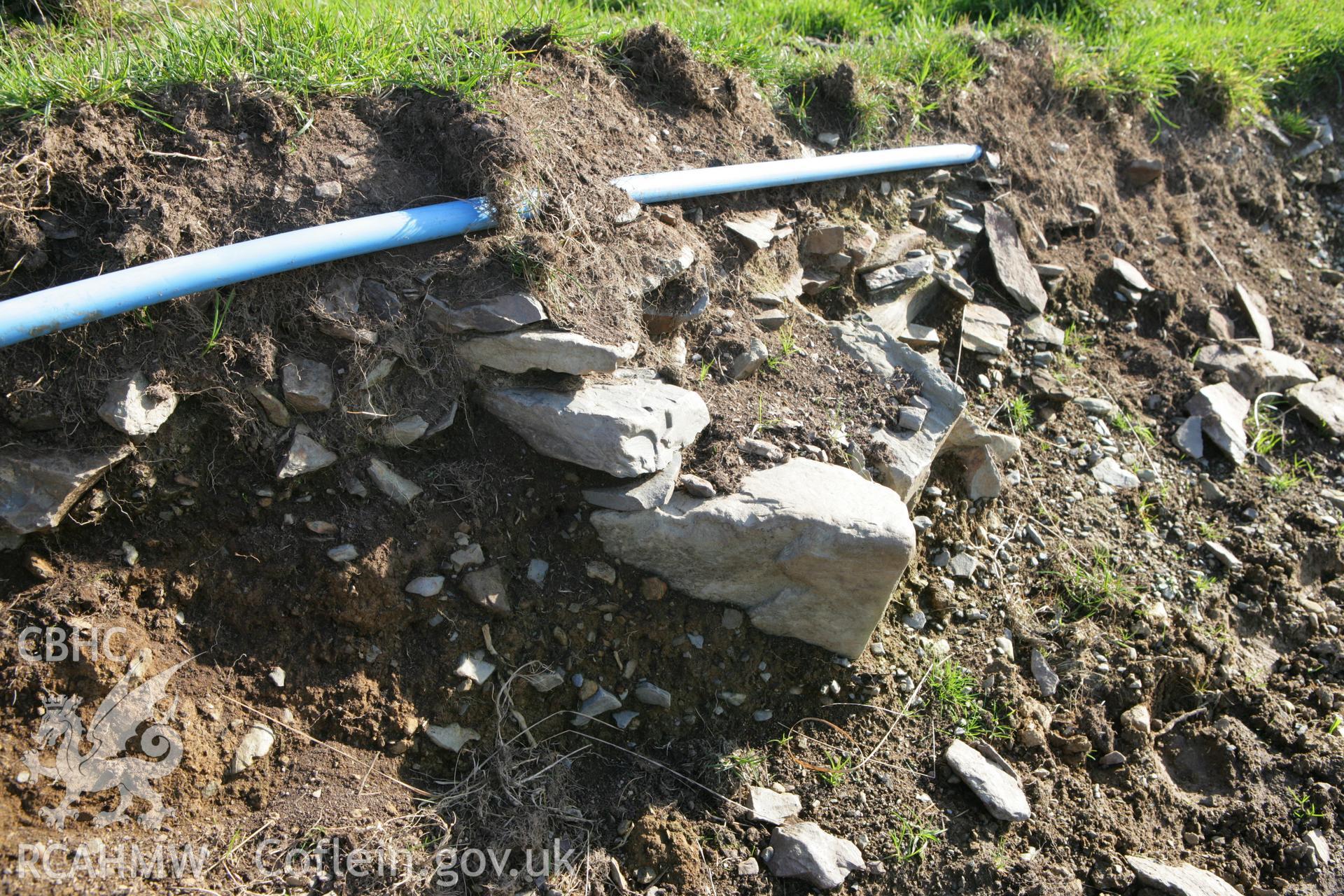 Pen Dinas, Elerch hillfort, exposed prehistoric walling in scrape by main southern gateway