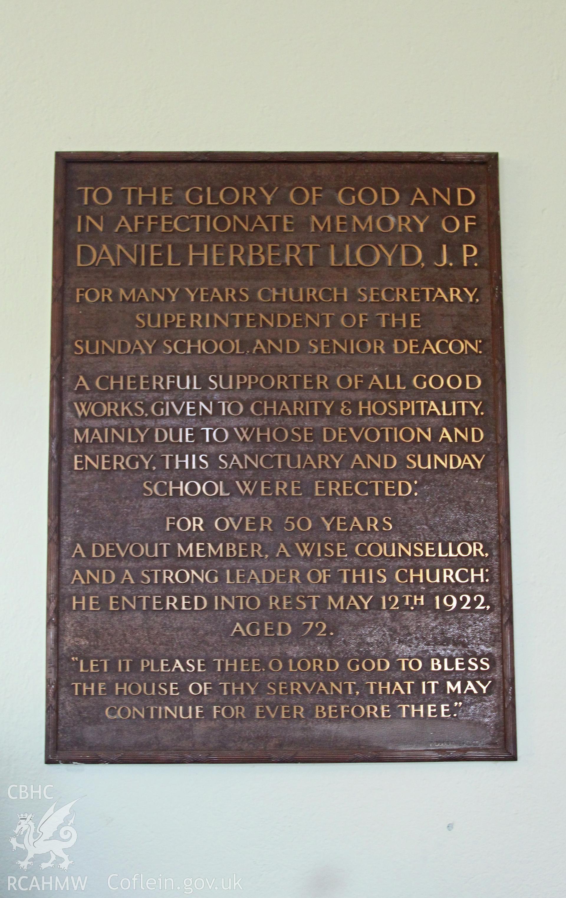 Interior of Hope Baptist Chapel, detail of memorial plaque