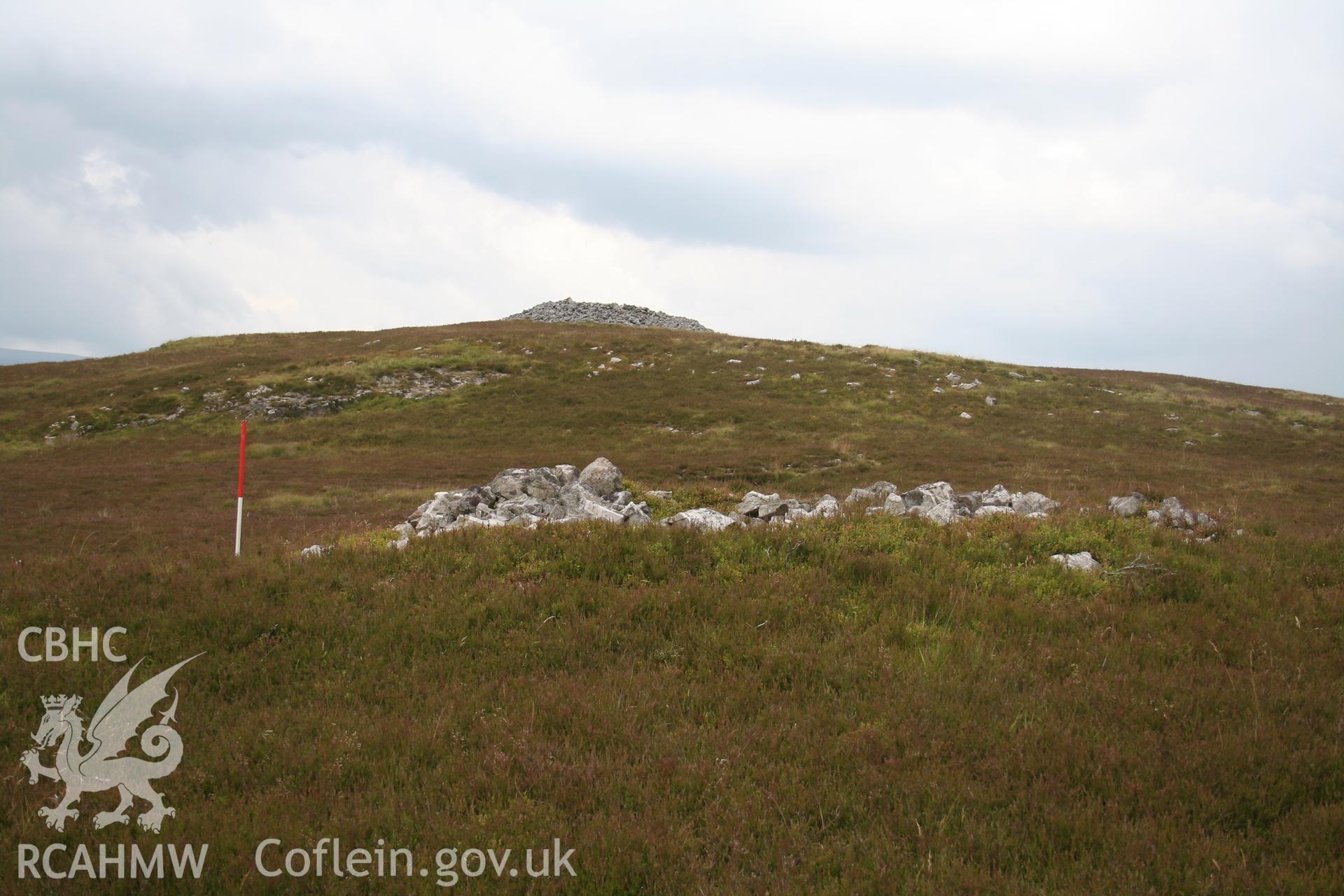 View of cairn from the south-west; 1m scale (cairn NPRN 84499 in background).