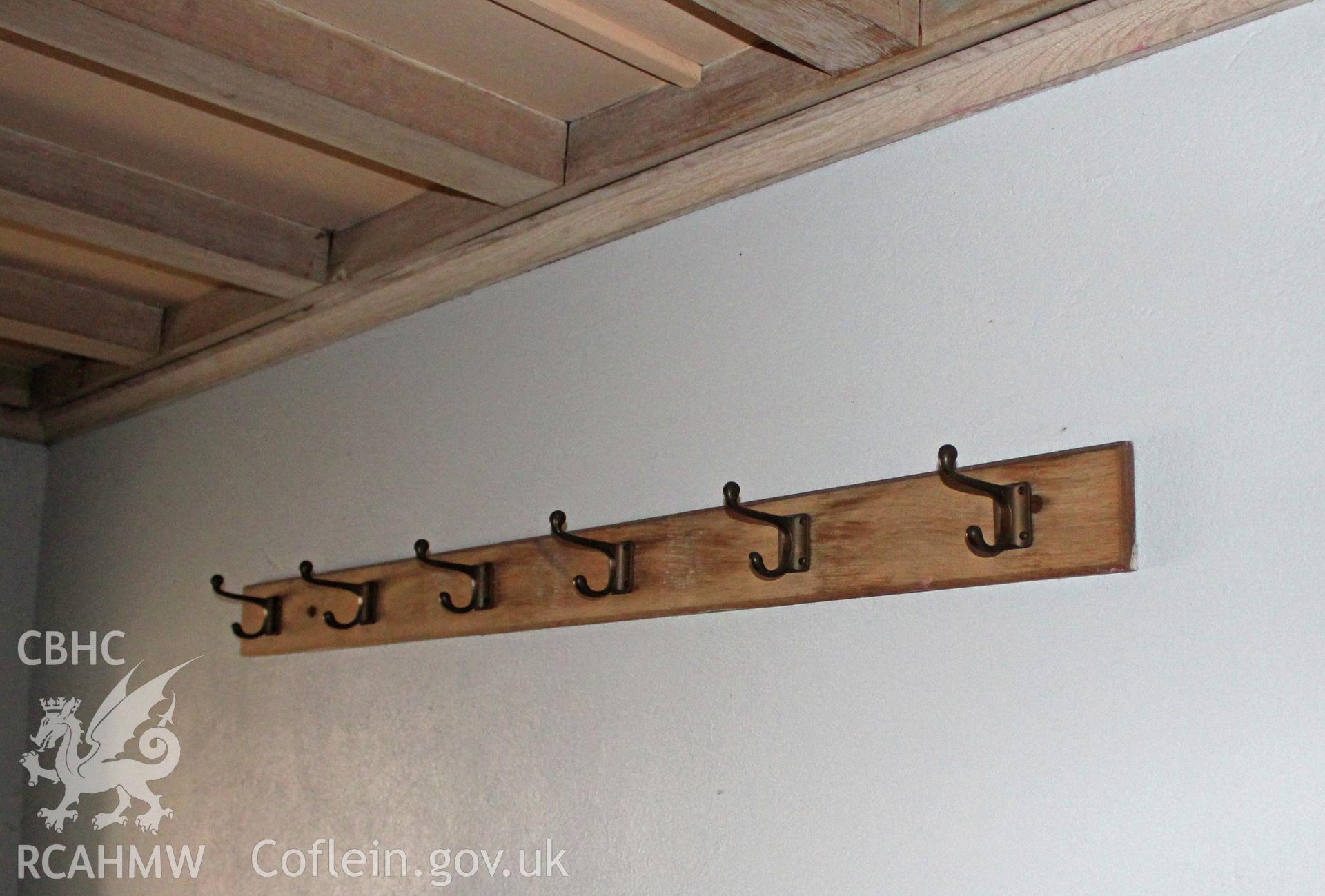 Interior of Baptist Chapel, Ruthin, detail of coat hooks