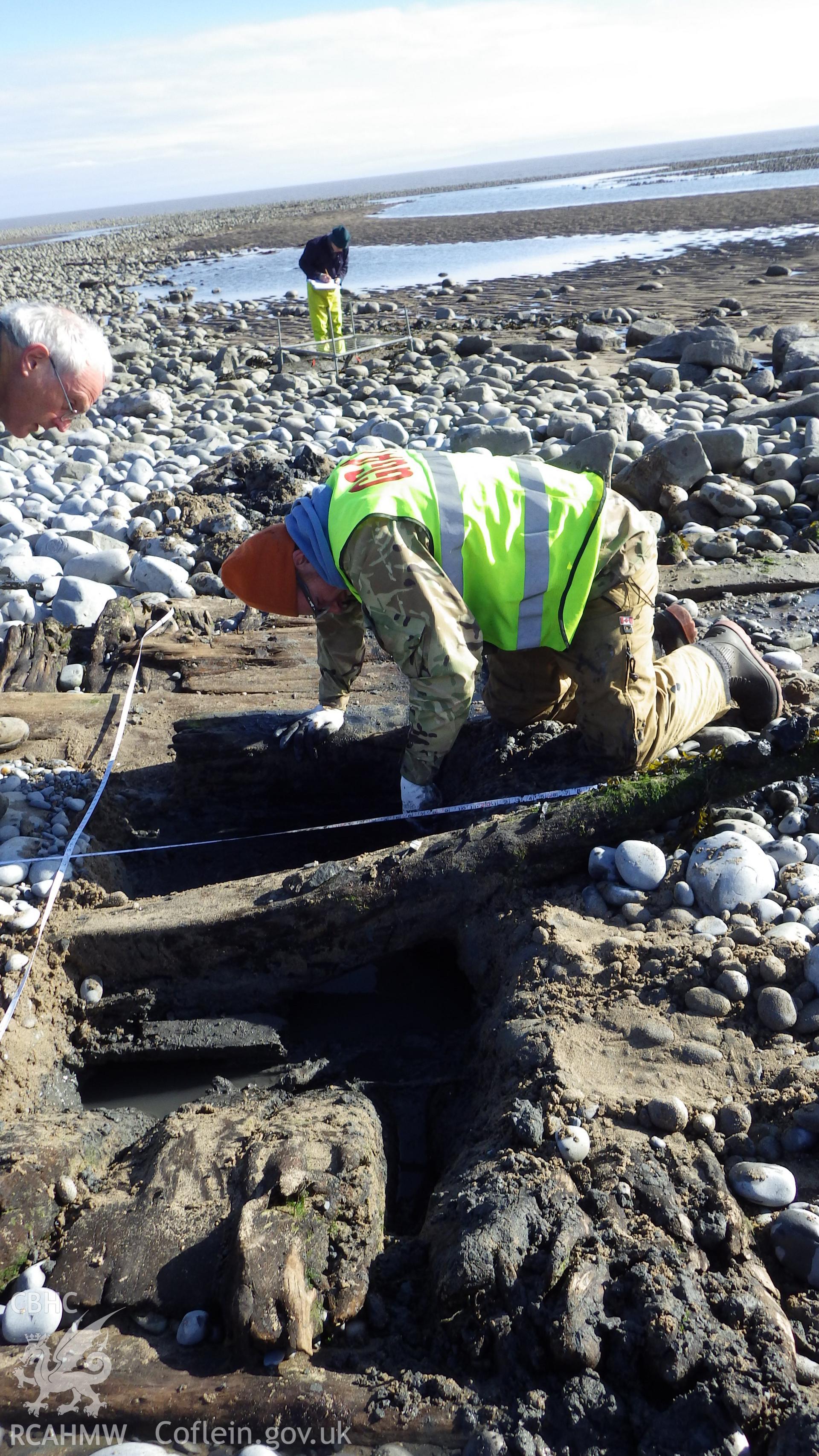 View of small trial trench opened to discover the extent of buried hull structure - disasociated timber in background being drawn by planning frame