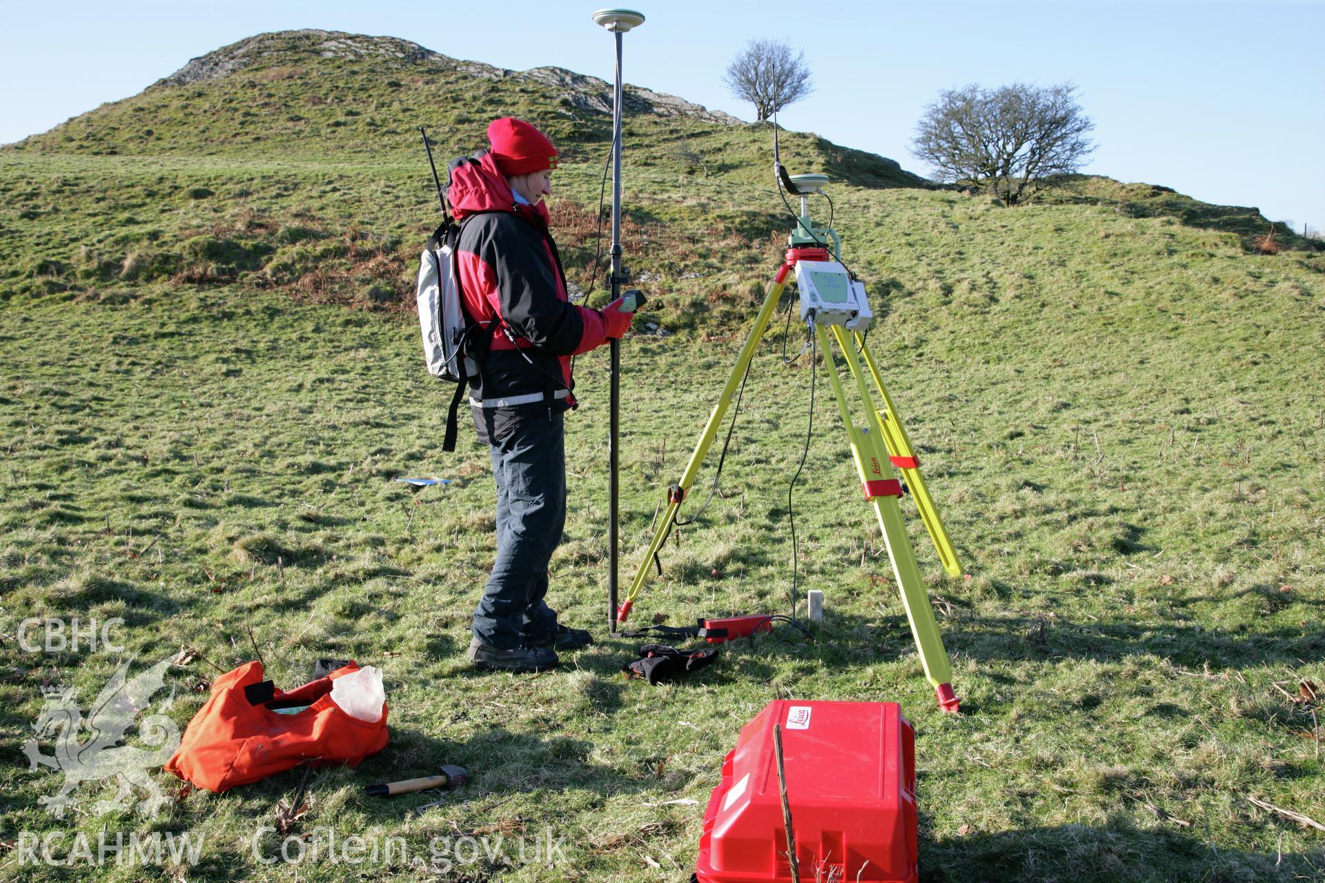 Castell Grogwynion hillfort, Royal Commission survey 2012, Louise Barker surveying in lower interior
